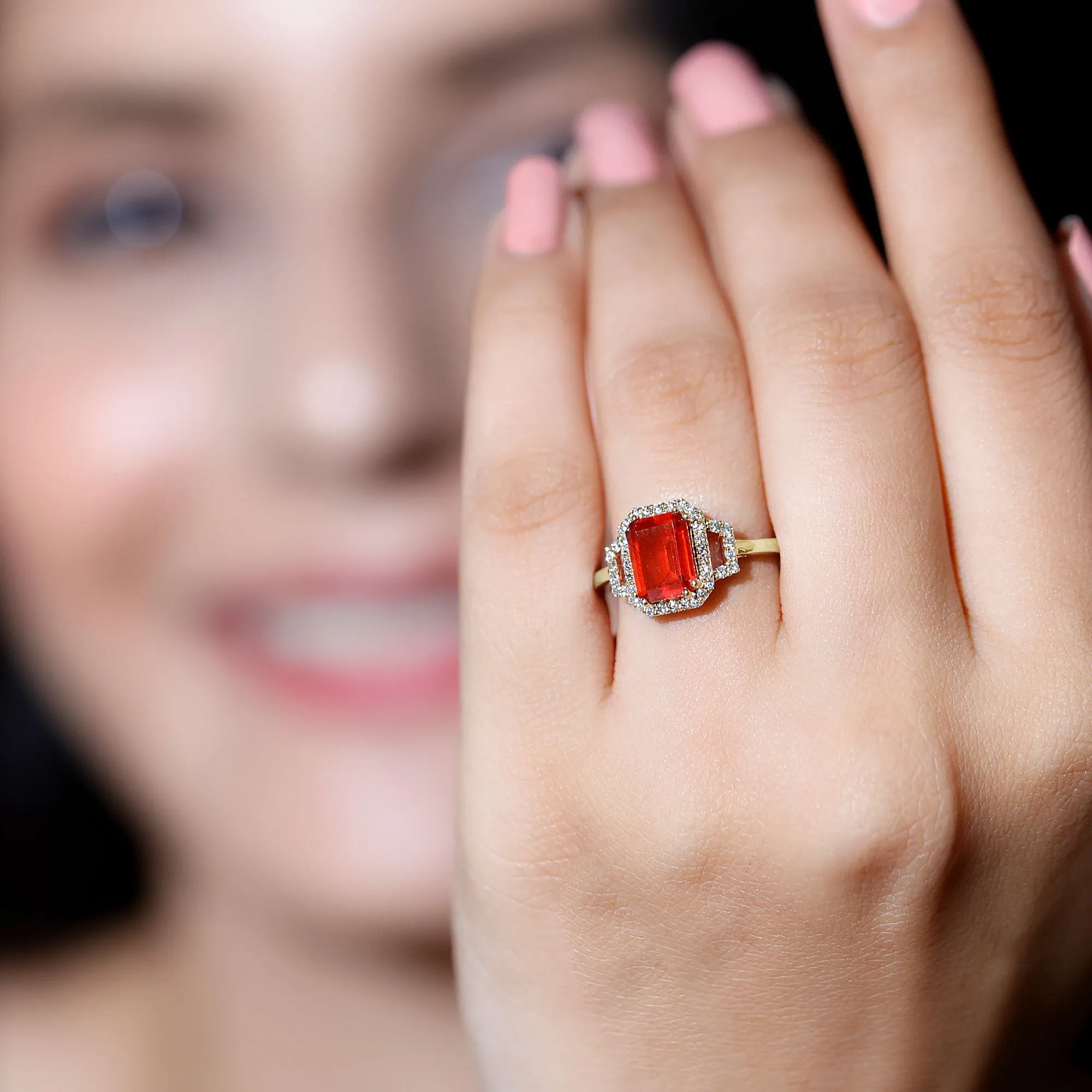 Emerald Cut Fire Opal Statement Engagement Ring with Diamond
