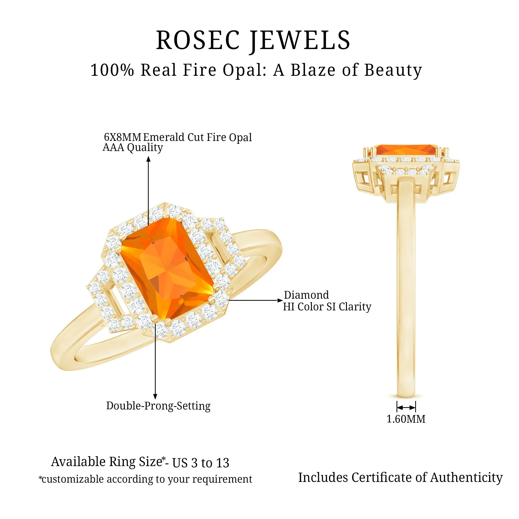 Emerald Cut Fire Opal Statement Engagement Ring with Diamond