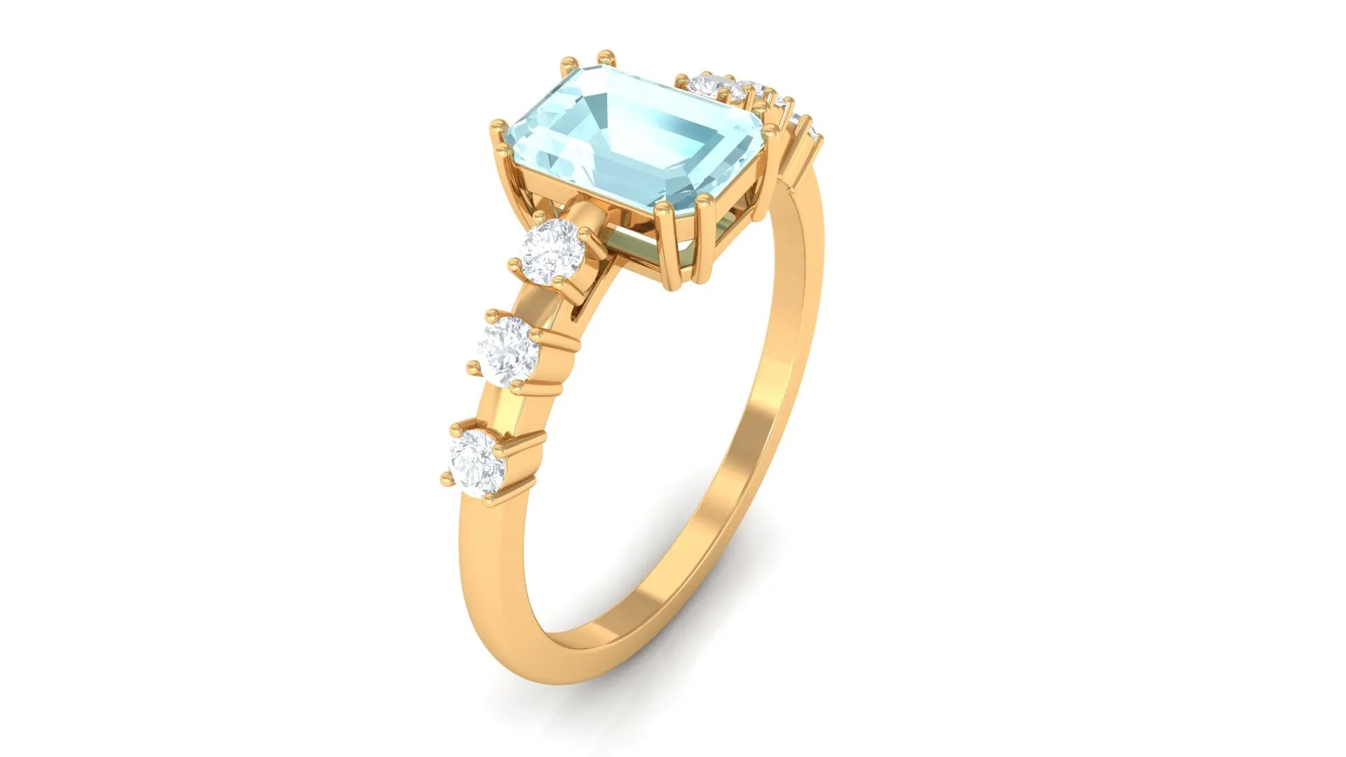 Emerald Cut Shape Sky Blue Topaz and Diamond Solitaire Engagement Ring