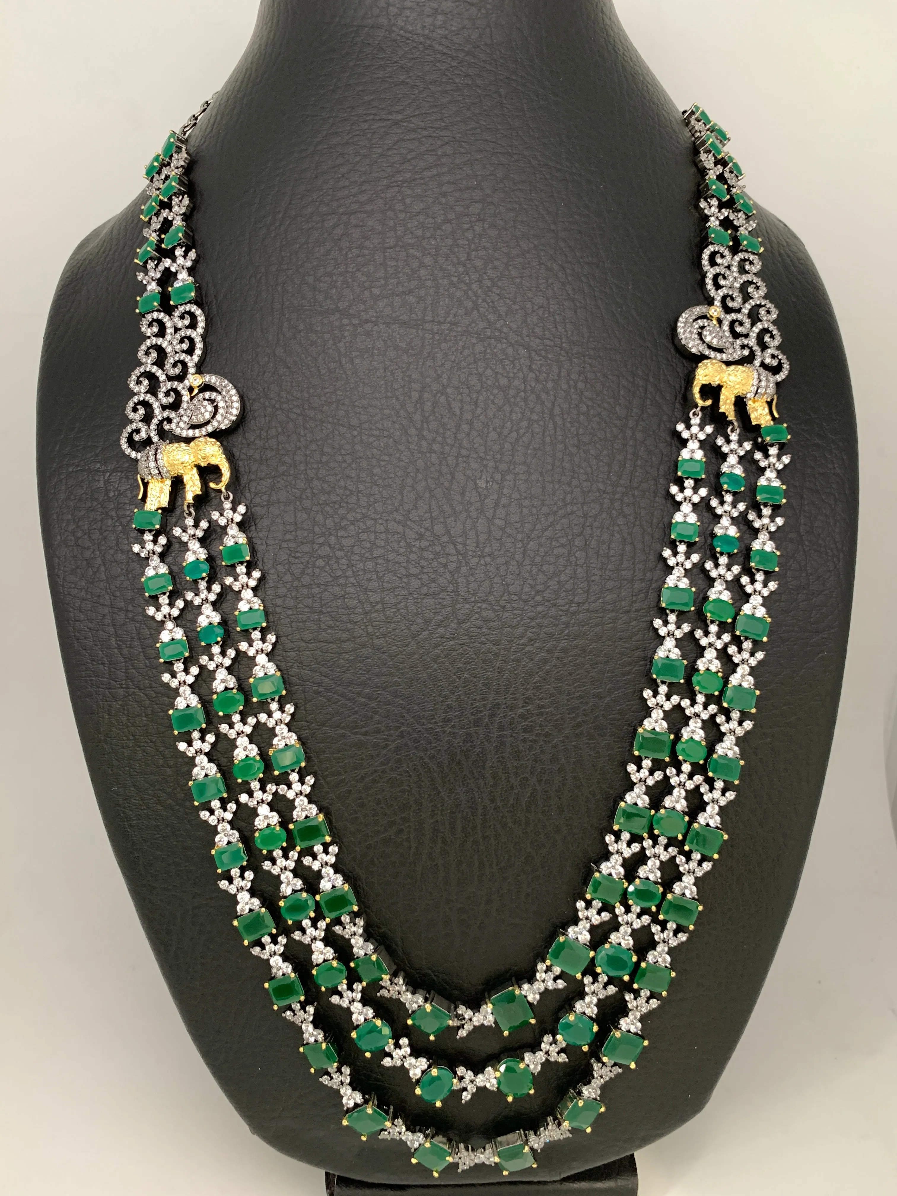 Emerald Green 3 Layer Teen Lada Long Necklace in Victorian Polish