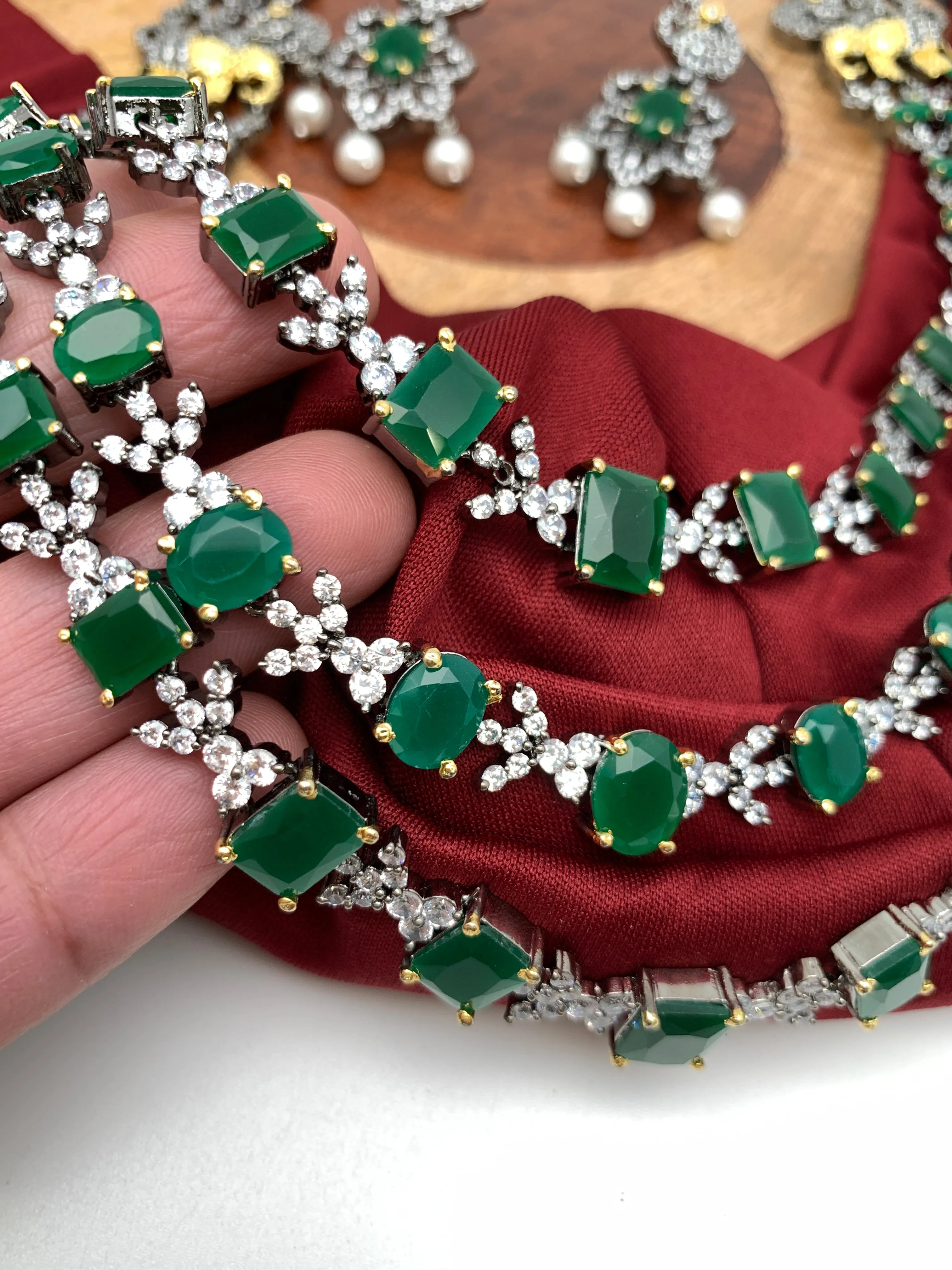 Emerald Green 3 Layer Teen Lada Long Necklace in Victorian Polish
