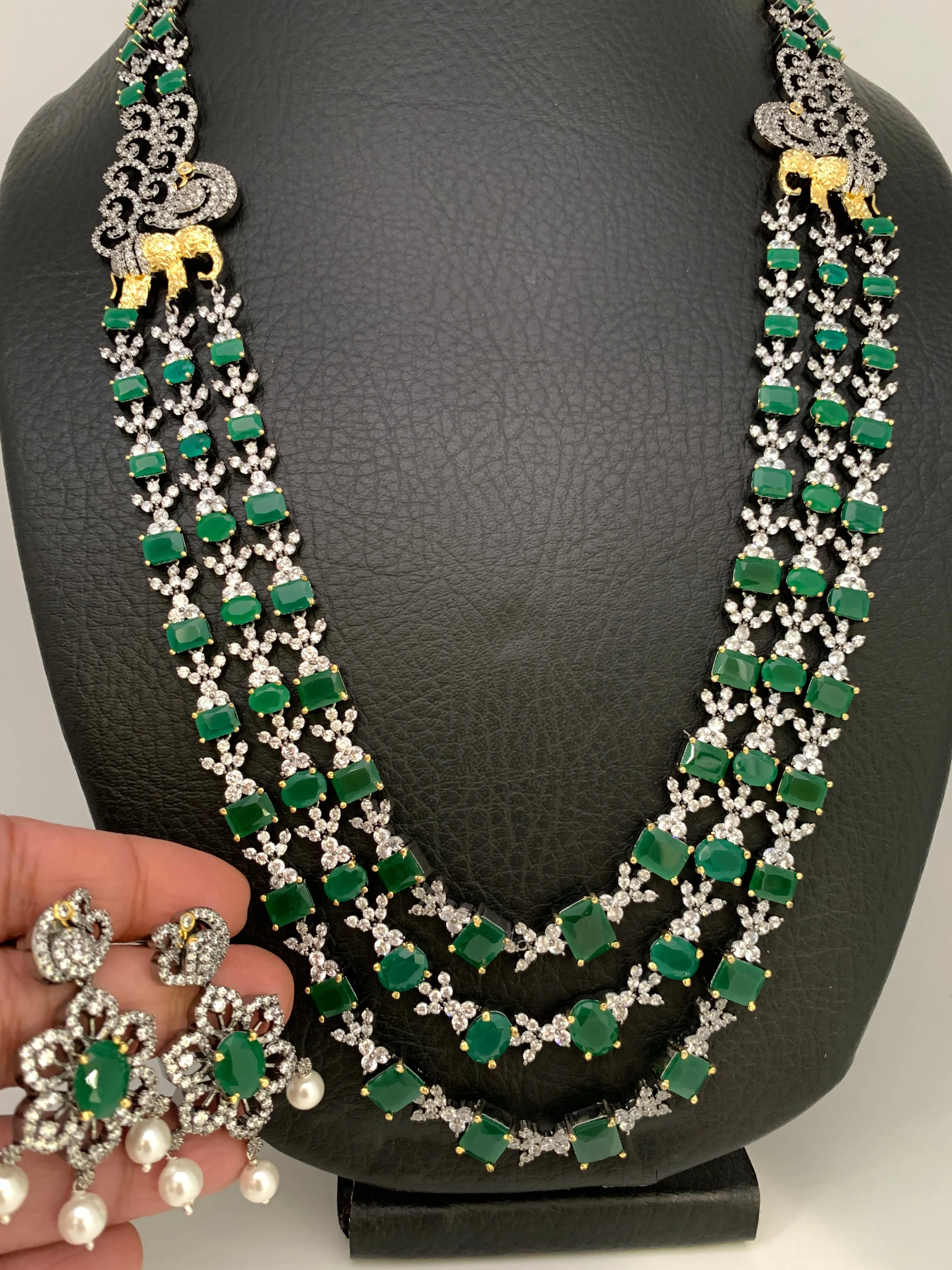 Emerald Green 3 Layer Teen Lada Long Necklace in Victorian Polish