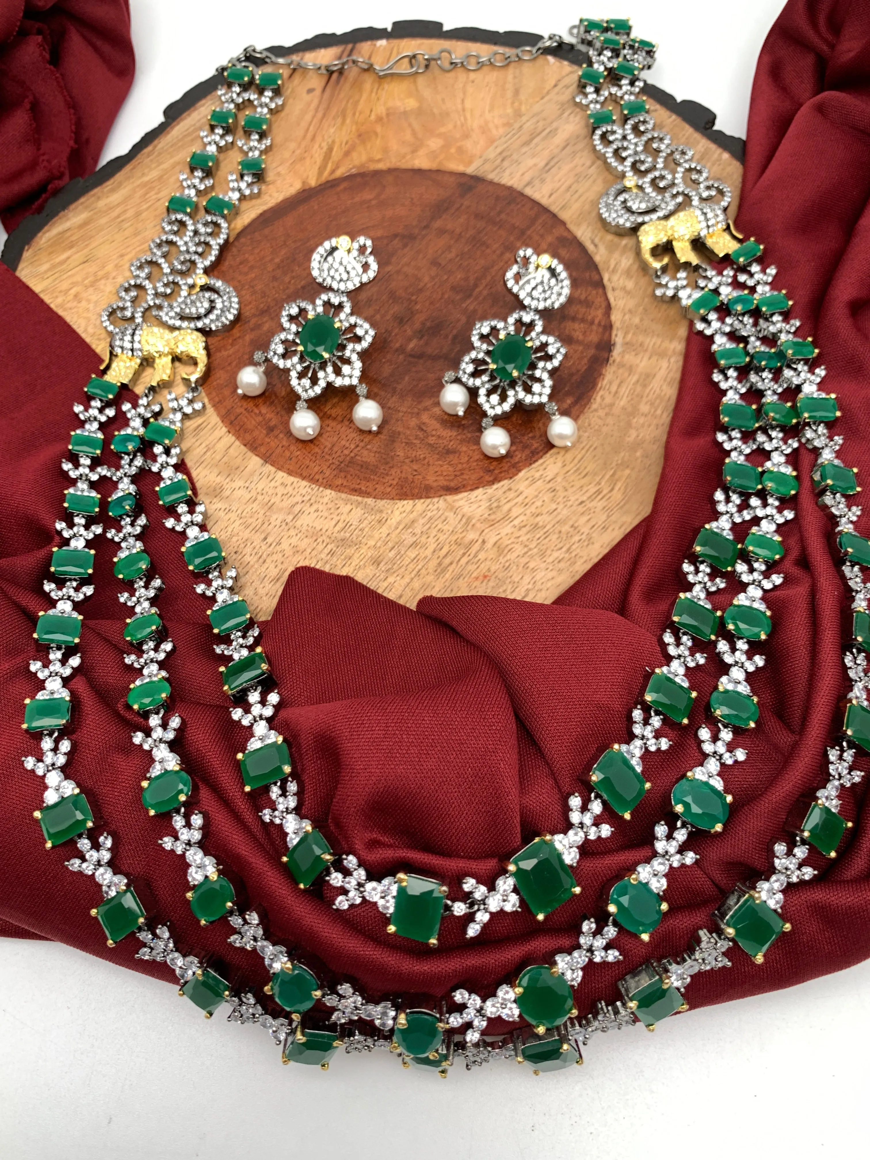 Emerald Green 3 Layer Teen Lada Long Necklace in Victorian Polish