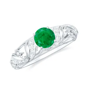 Emerald Vintage Inspired Engagement Ring with Diamond