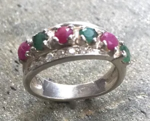 Emerald Wide Band - Triple Band Ring - Ruby Silver Ring