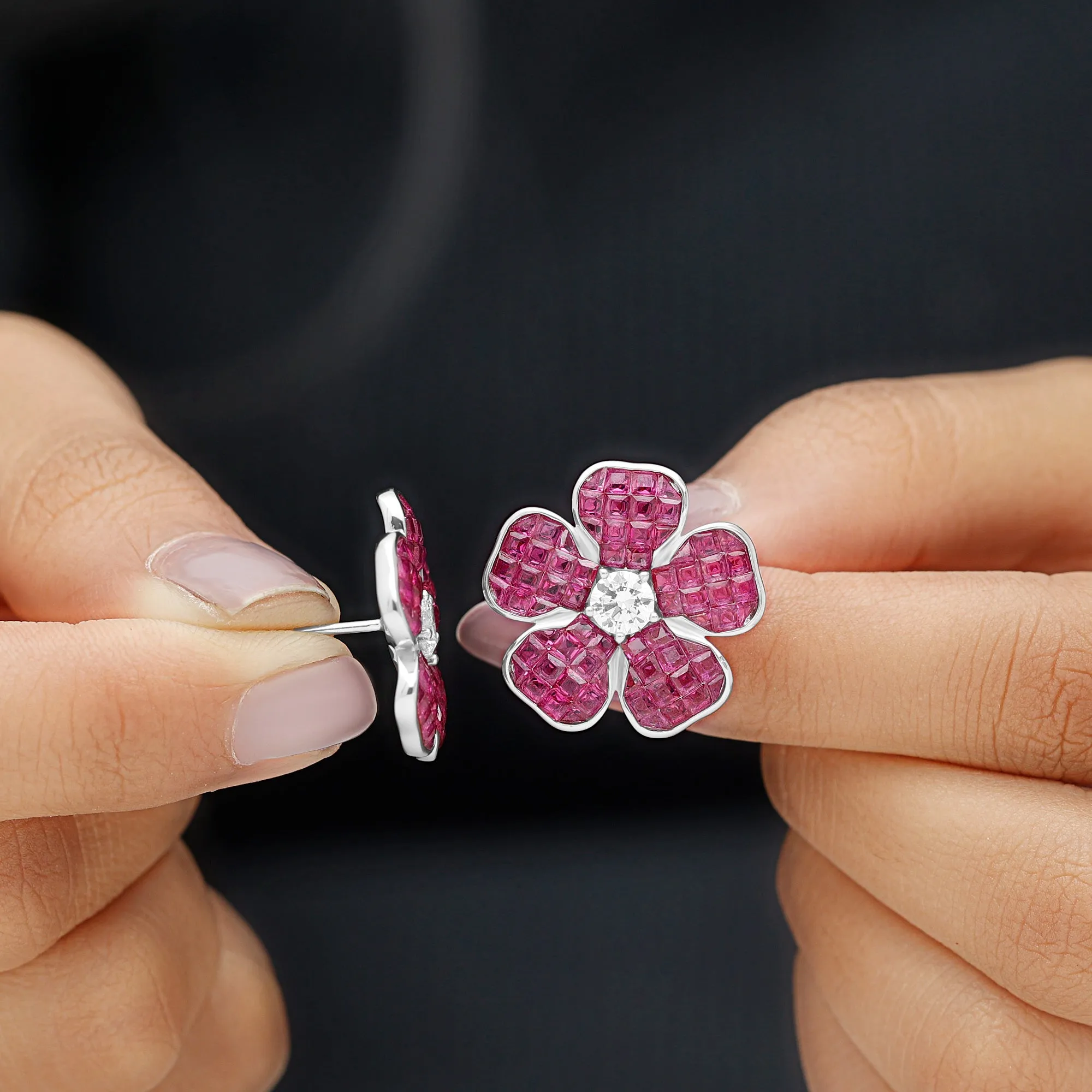 Floral Inspired Created Ruby Silver Statement Stud Earrings