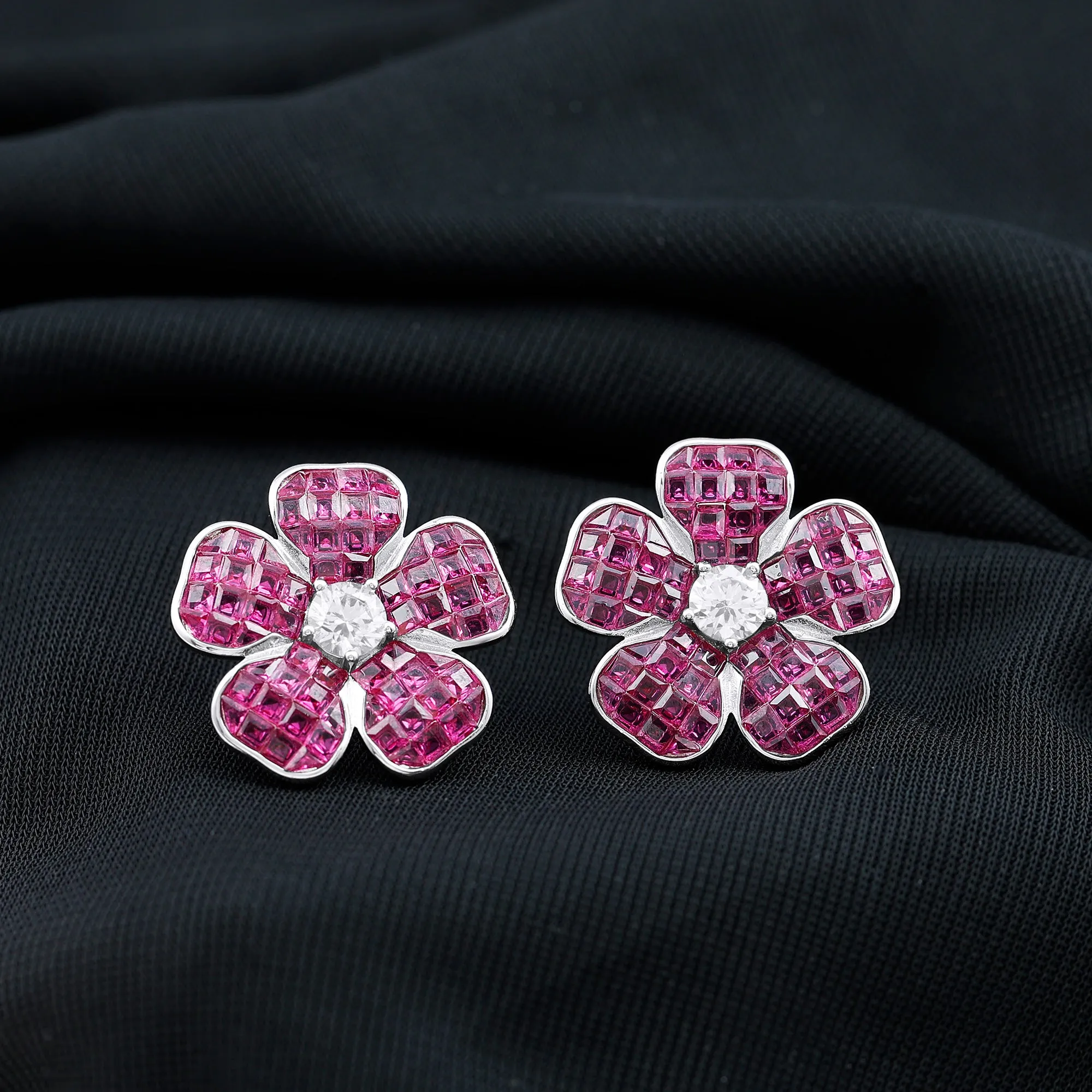 Floral Inspired Created Ruby Silver Statement Stud Earrings