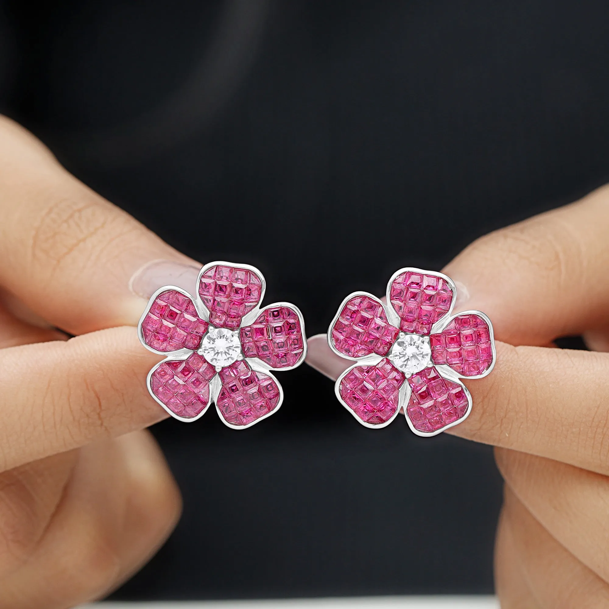 Floral Inspired Created Ruby Silver Statement Stud Earrings