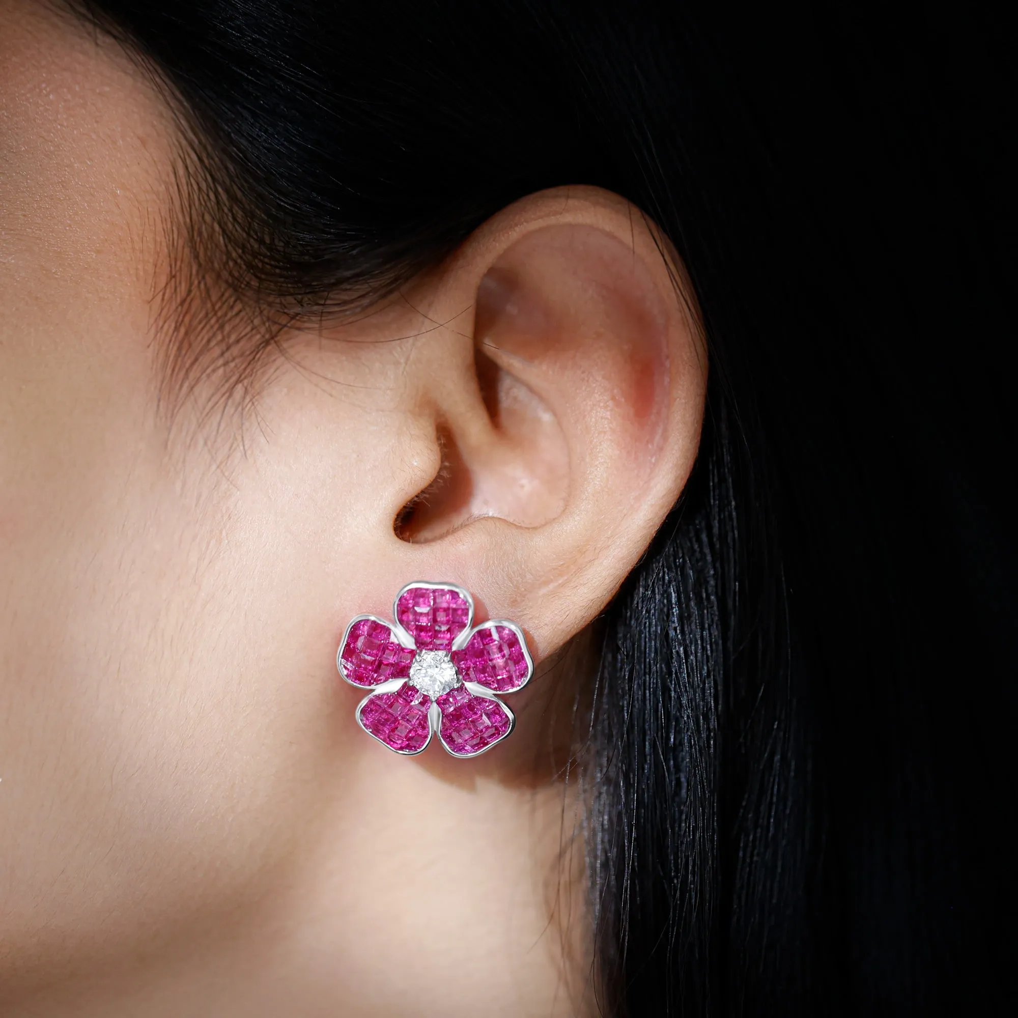 Floral Inspired Created Ruby Silver Statement Stud Earrings