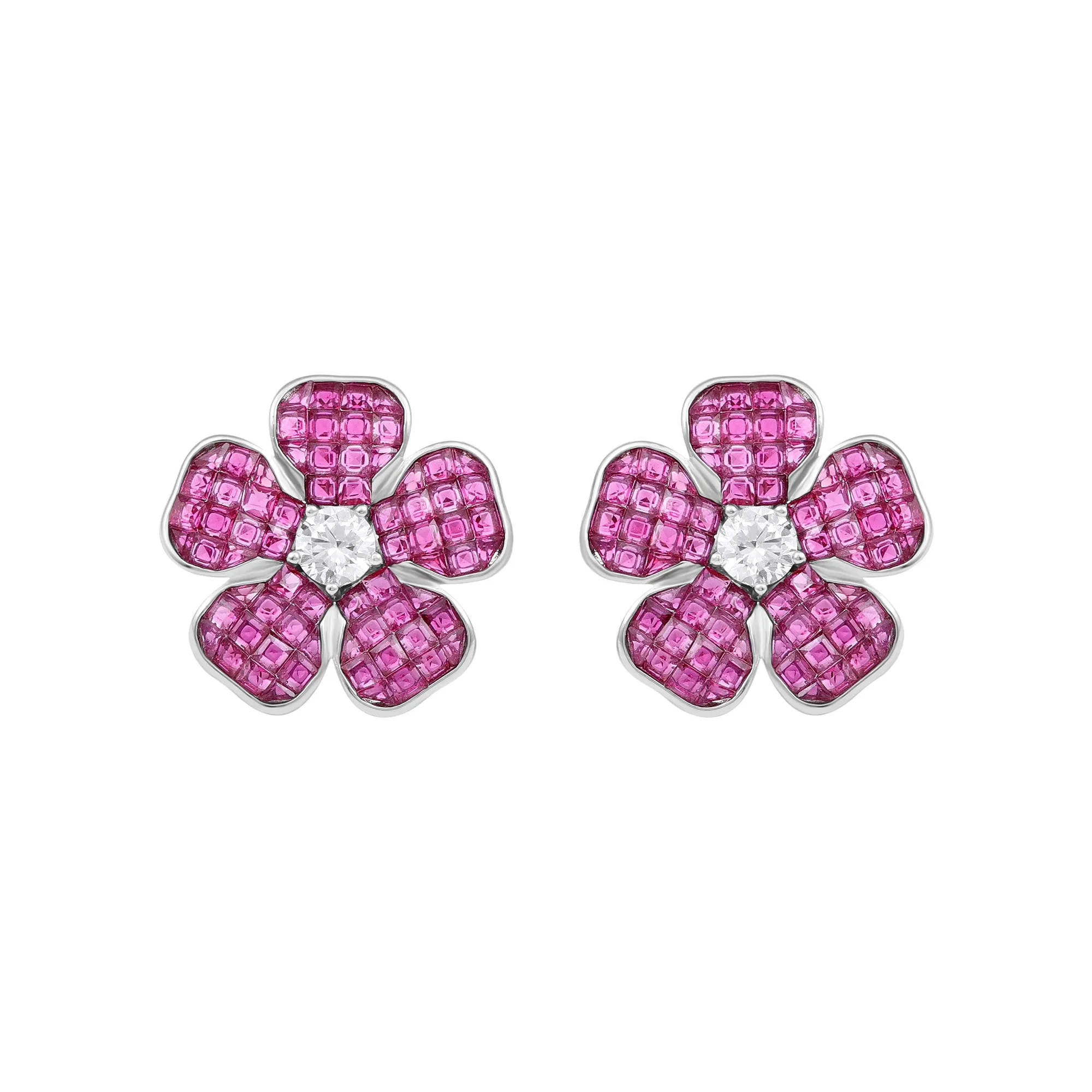 Floral Inspired Created Ruby Silver Statement Stud Earrings