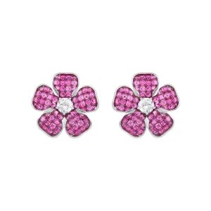 Floral Inspired Created Ruby Silver Statement Stud Earrings