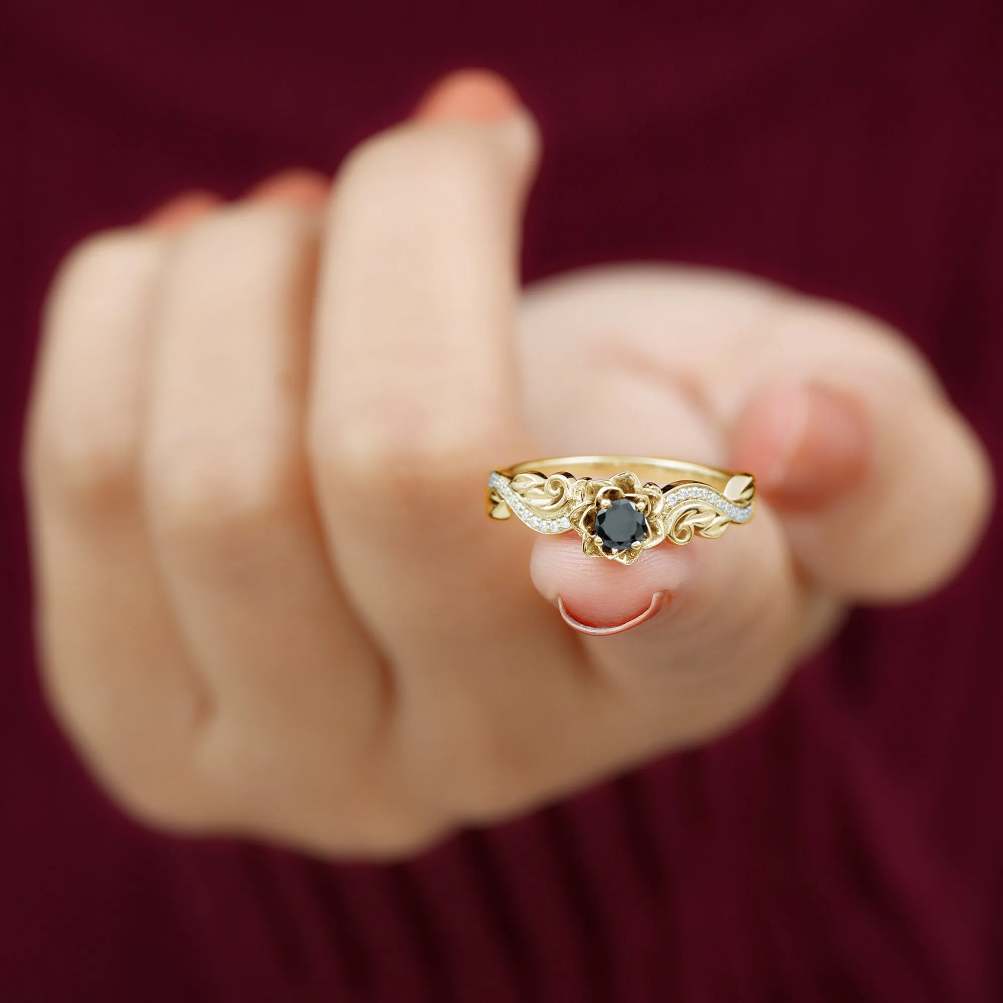 Flower Inspired Created Black Diamond and Diamond Engagement Ring