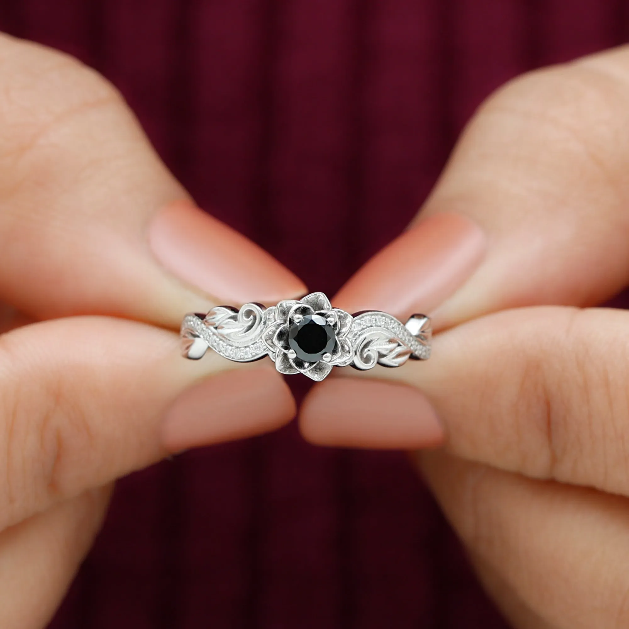 Flower Inspired Created Black Diamond and Diamond Engagement Ring