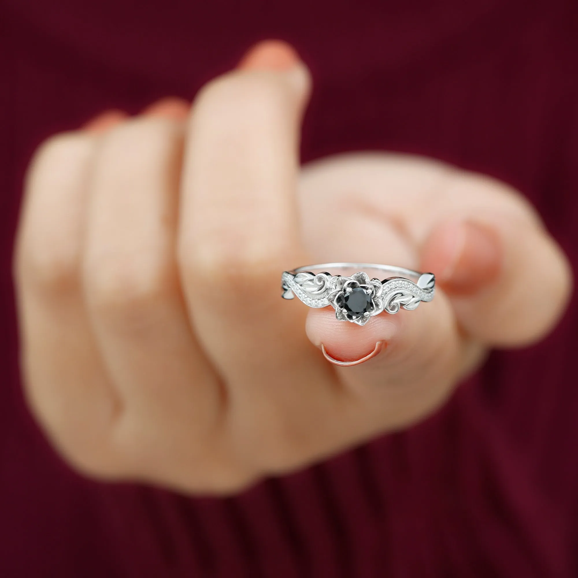 Flower Inspired Created Black Diamond and Diamond Engagement Ring