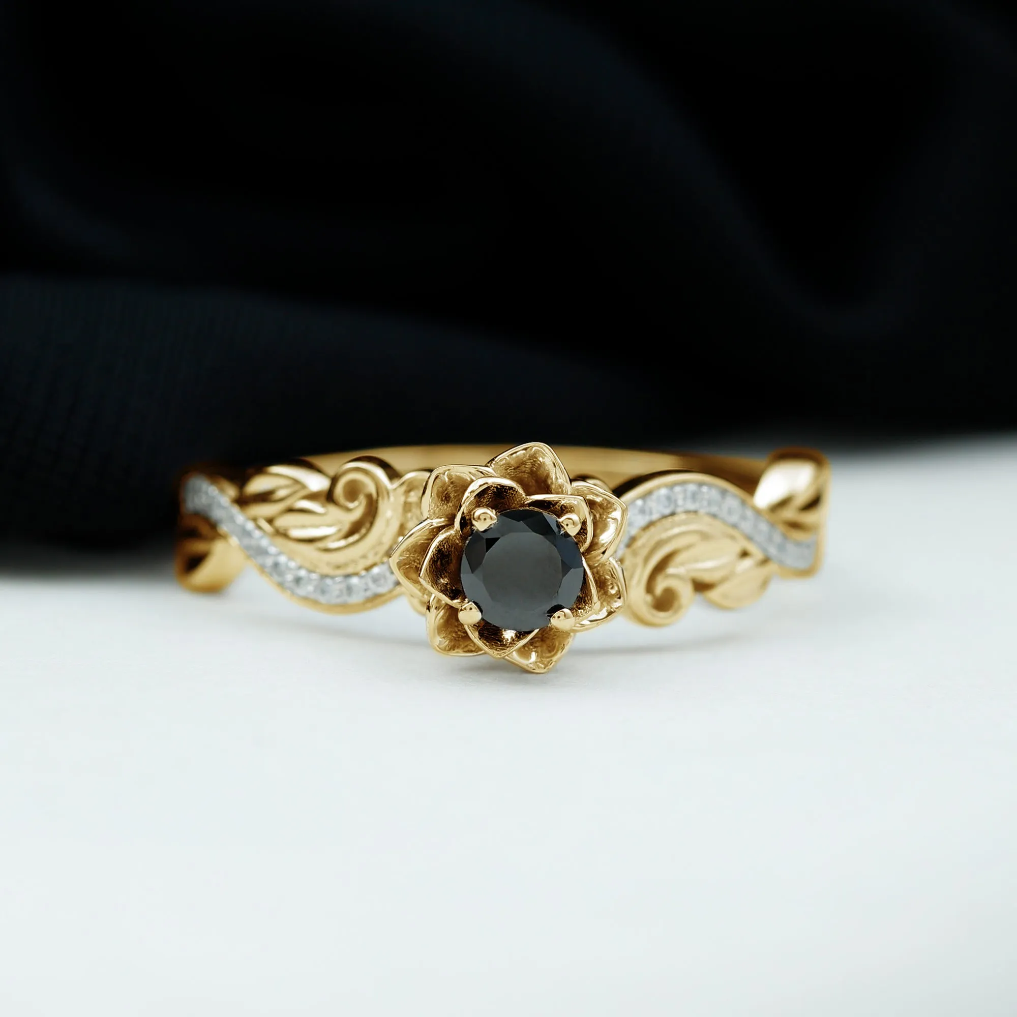 Flower Inspired Created Black Diamond and Diamond Engagement Ring