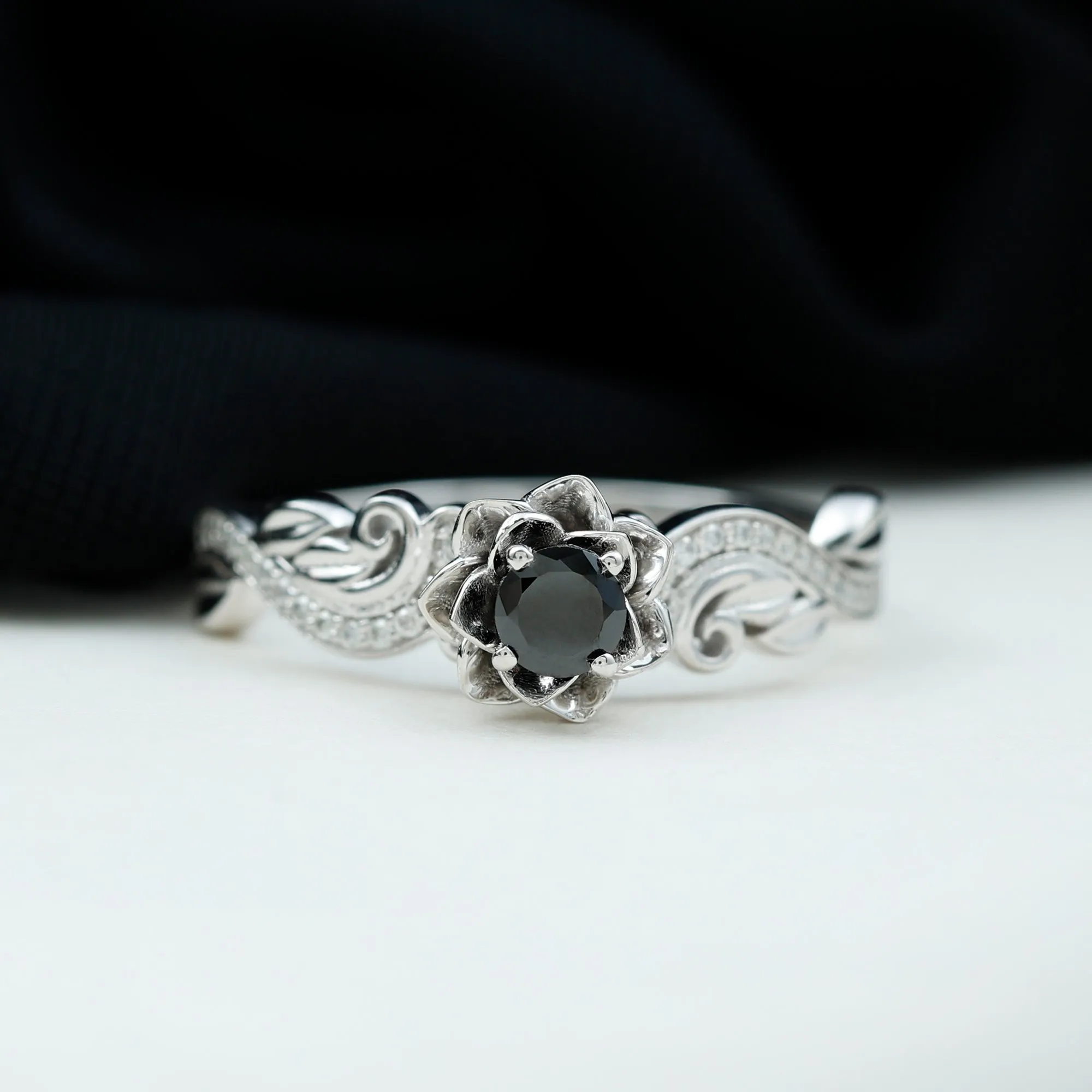 Flower Inspired Created Black Diamond and Diamond Engagement Ring