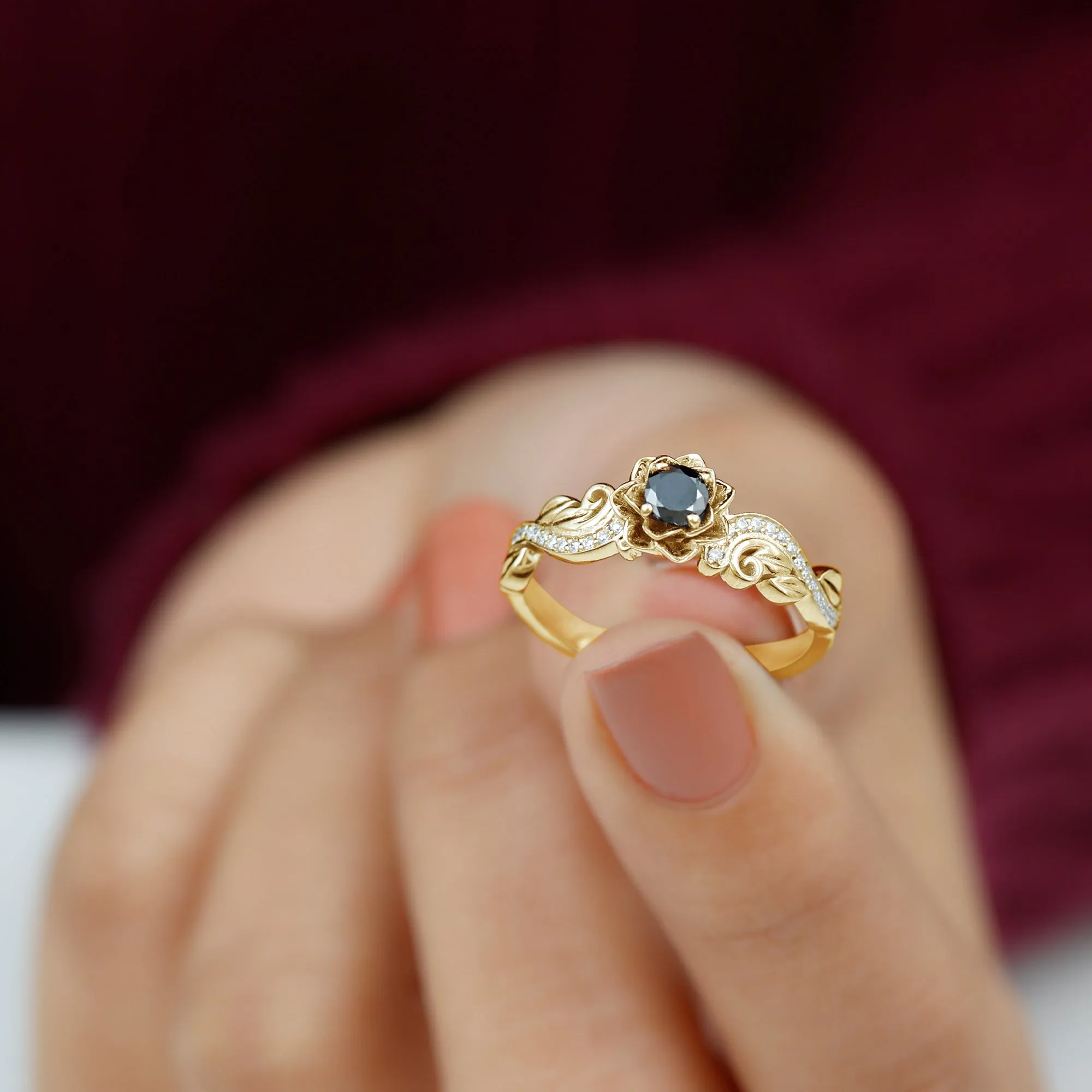 Flower Inspired Created Black Diamond and Diamond Engagement Ring