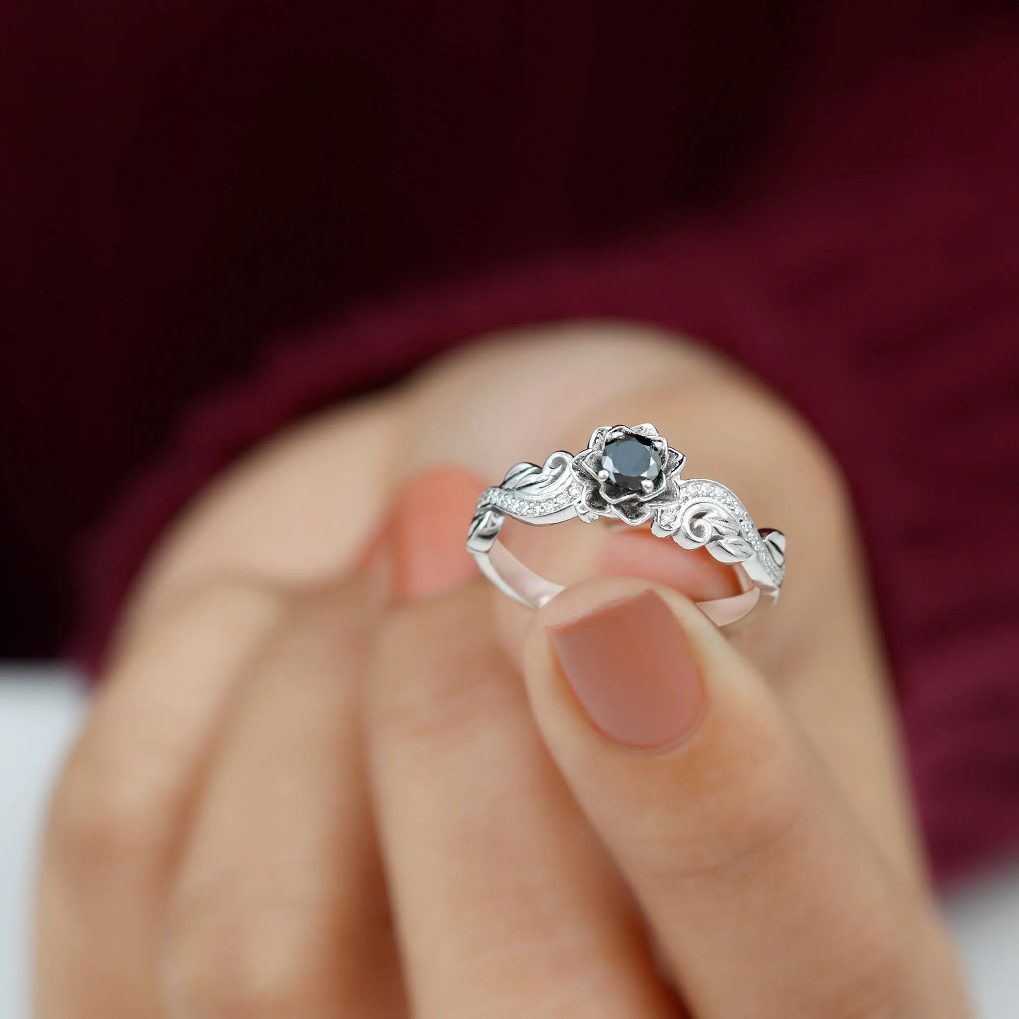 Flower Inspired Created Black Diamond and Diamond Engagement Ring