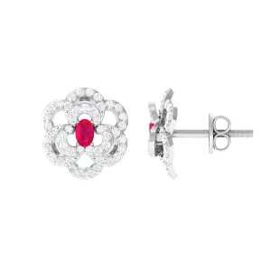 Flower Inspired Ruby and Diamond Statement Stud Earrings