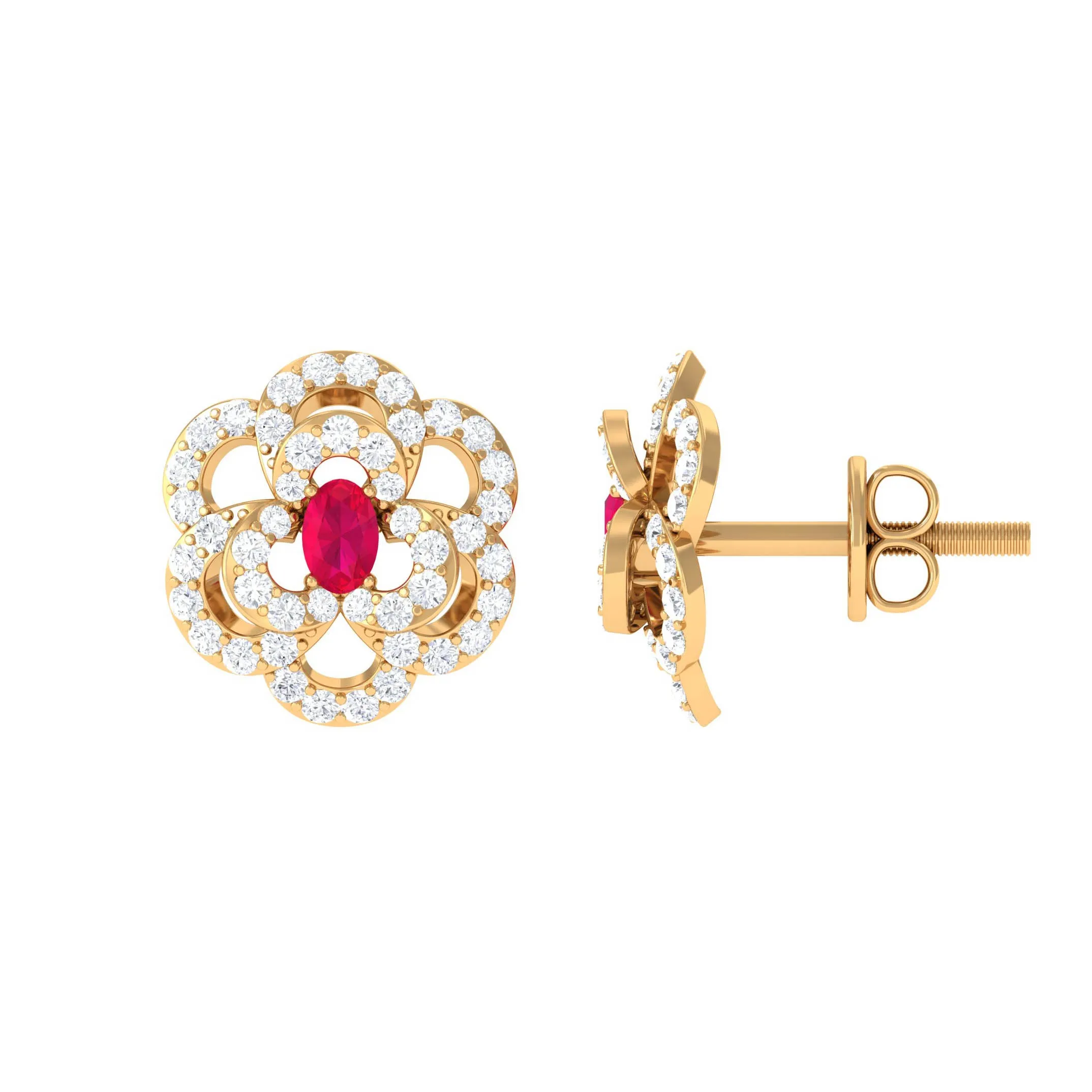 Flower Inspired Ruby and Diamond Statement Stud Earrings
