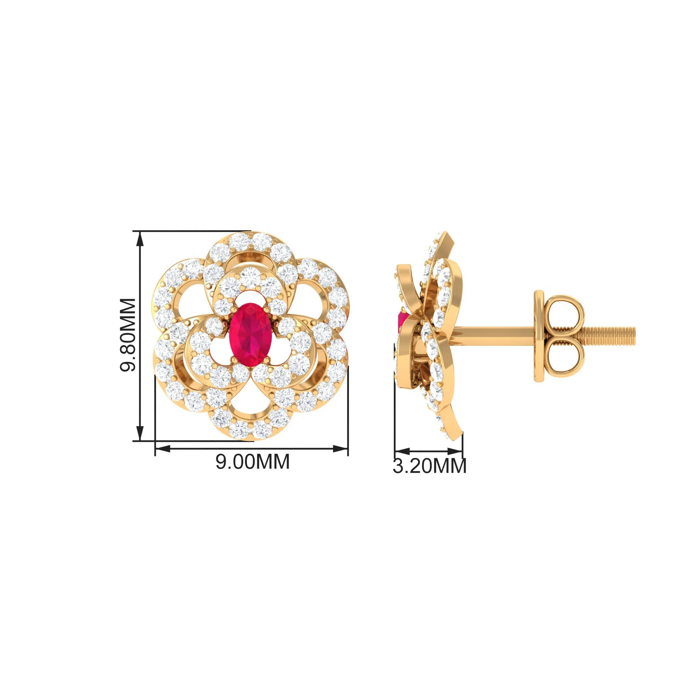 Flower Inspired Ruby and Diamond Statement Stud Earrings