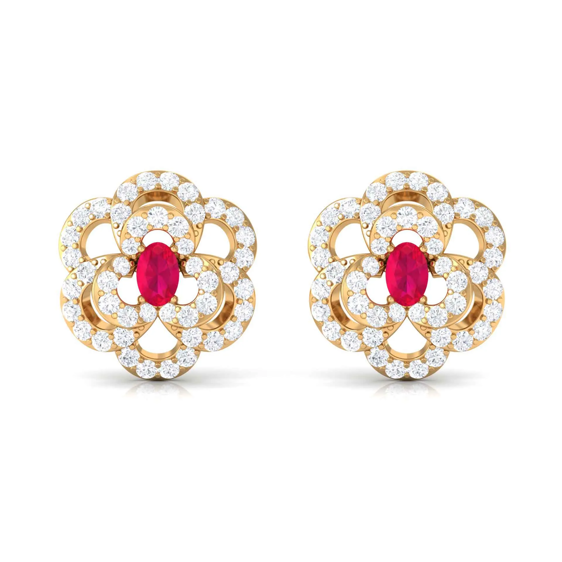 Flower Inspired Ruby and Diamond Statement Stud Earrings