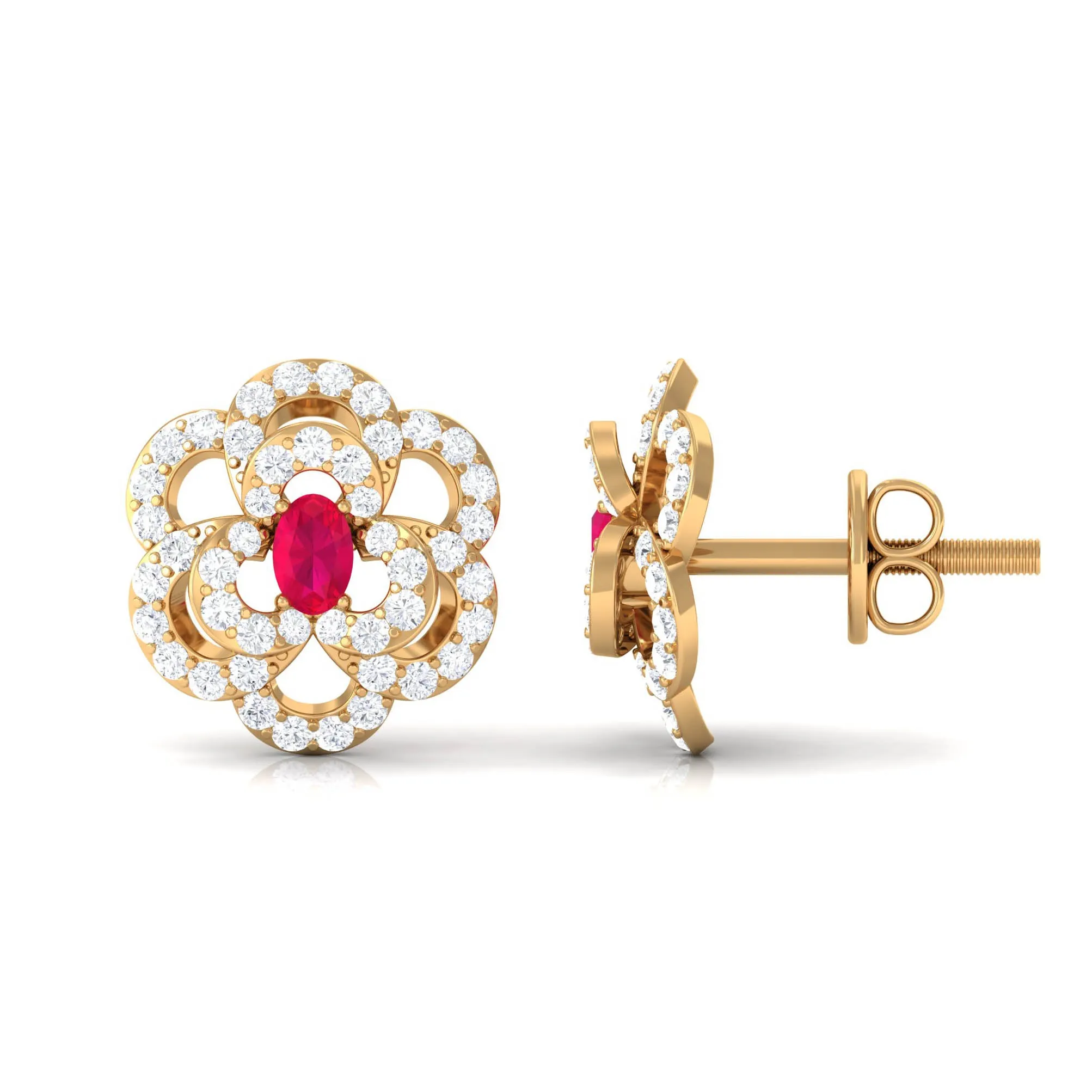 Flower Inspired Ruby and Diamond Statement Stud Earrings