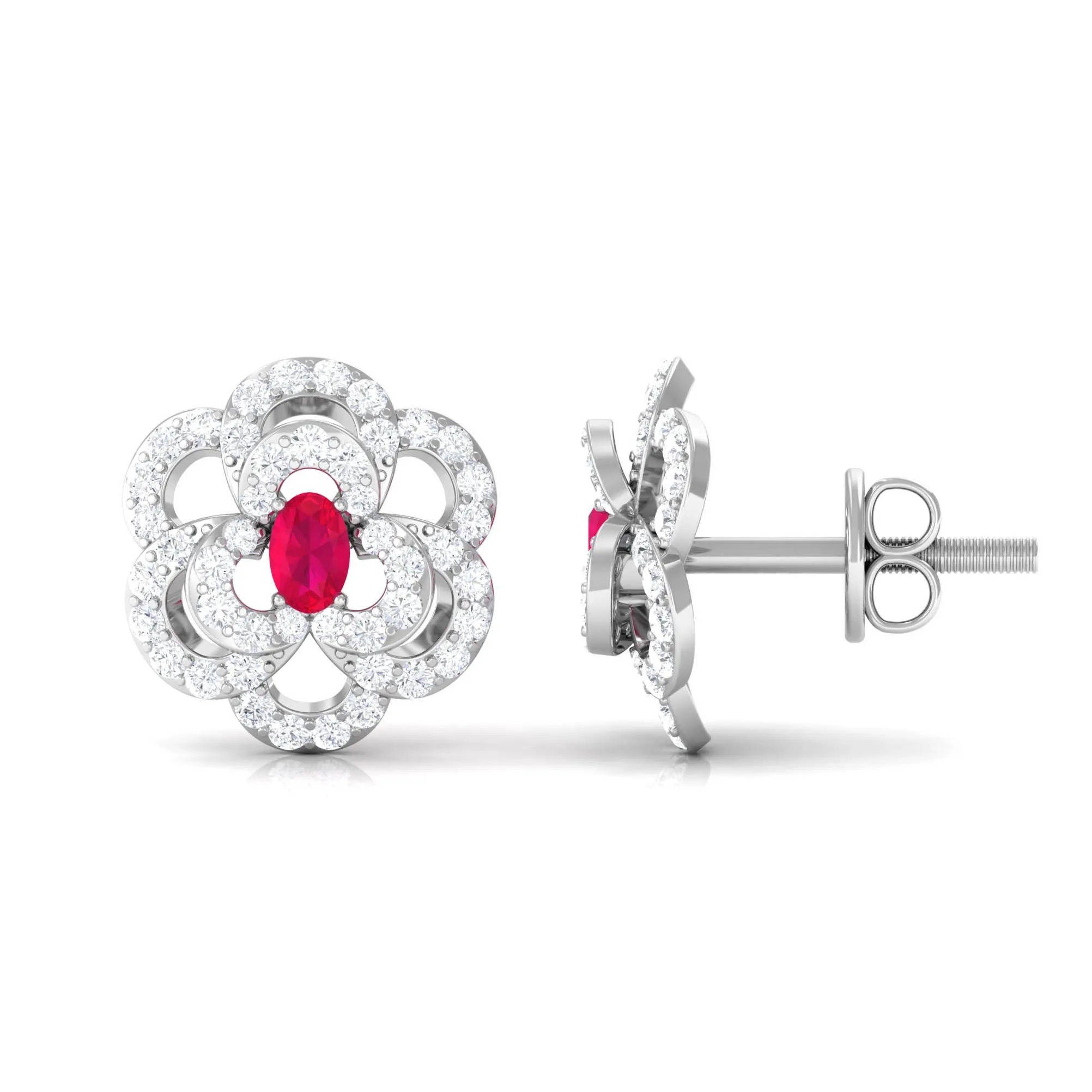 Flower Inspired Ruby and Diamond Statement Stud Earrings