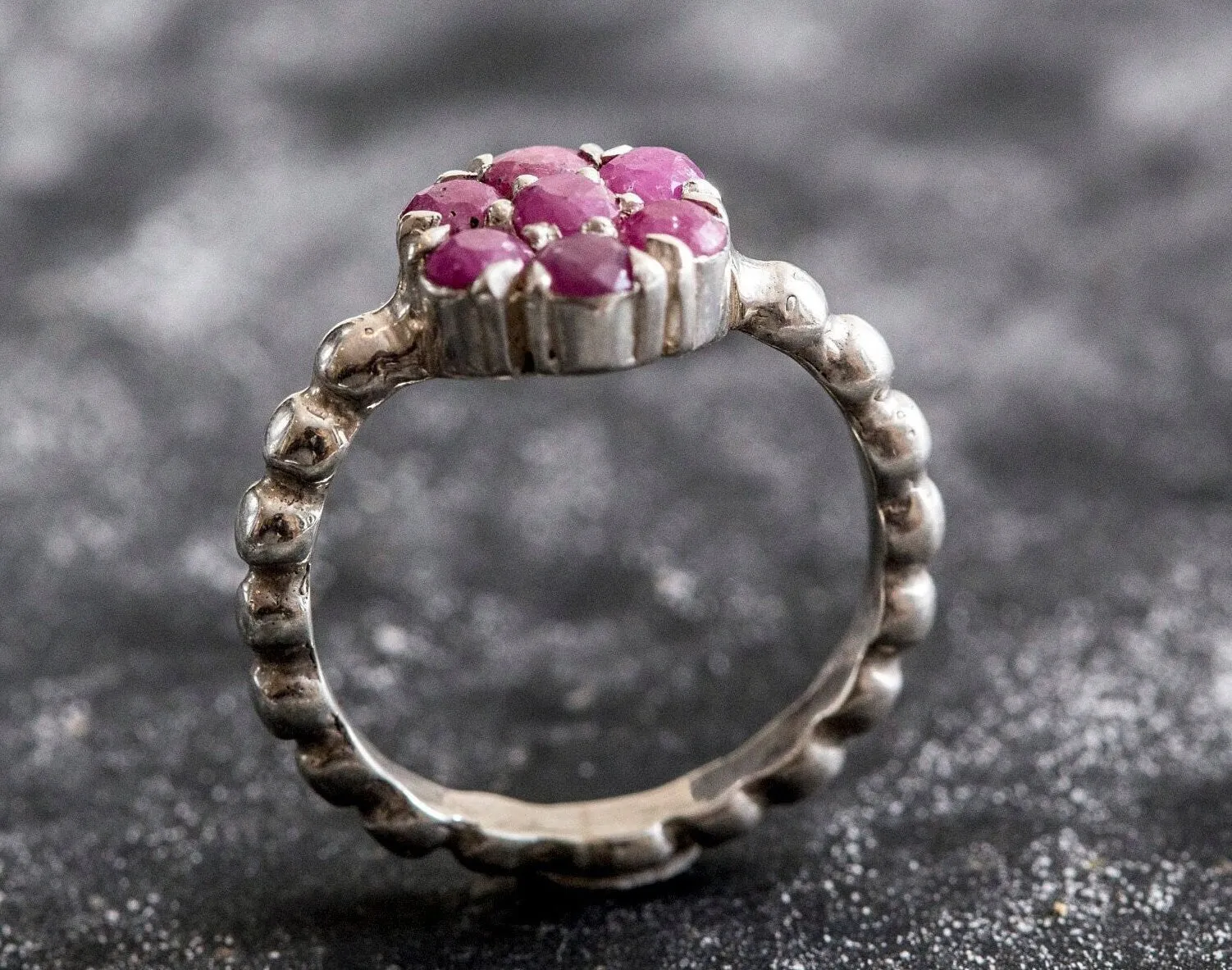 Flower Ruby Ring - Natural Ruby Ring - Silver Daisy Ring