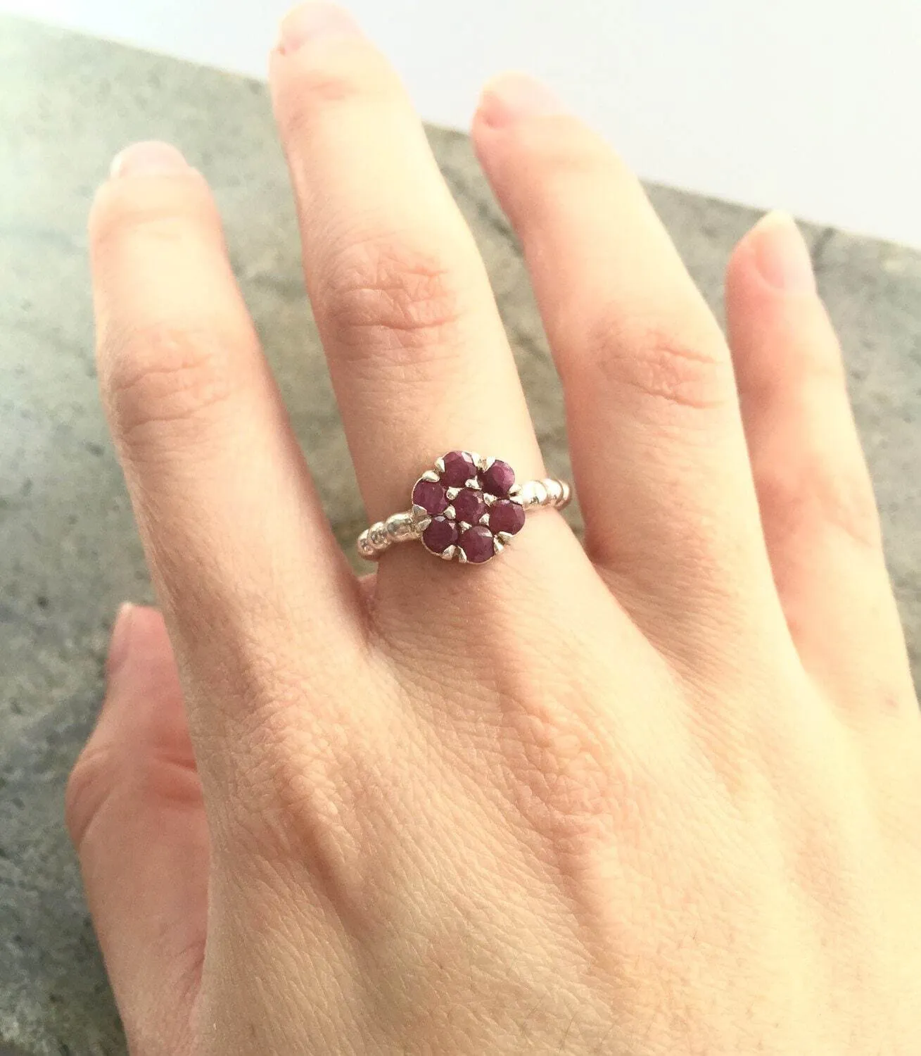 Flower Ruby Ring - Natural Ruby Ring - Silver Daisy Ring
