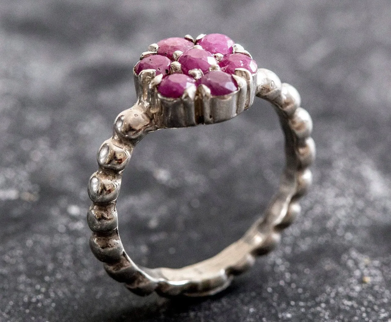 Flower Ruby Ring - Natural Ruby Ring - Silver Daisy Ring