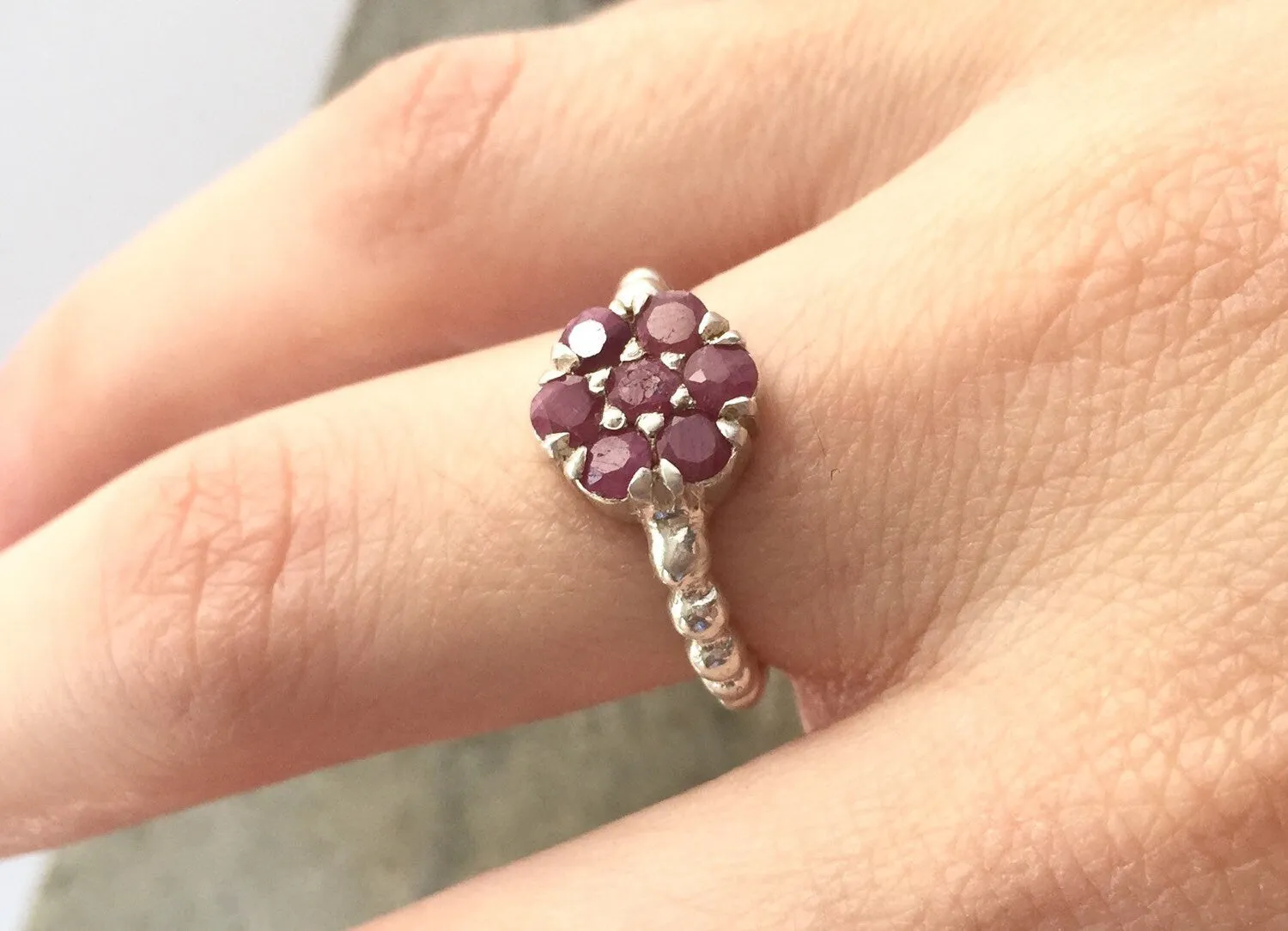 Flower Ruby Ring - Natural Ruby Ring - Silver Daisy Ring