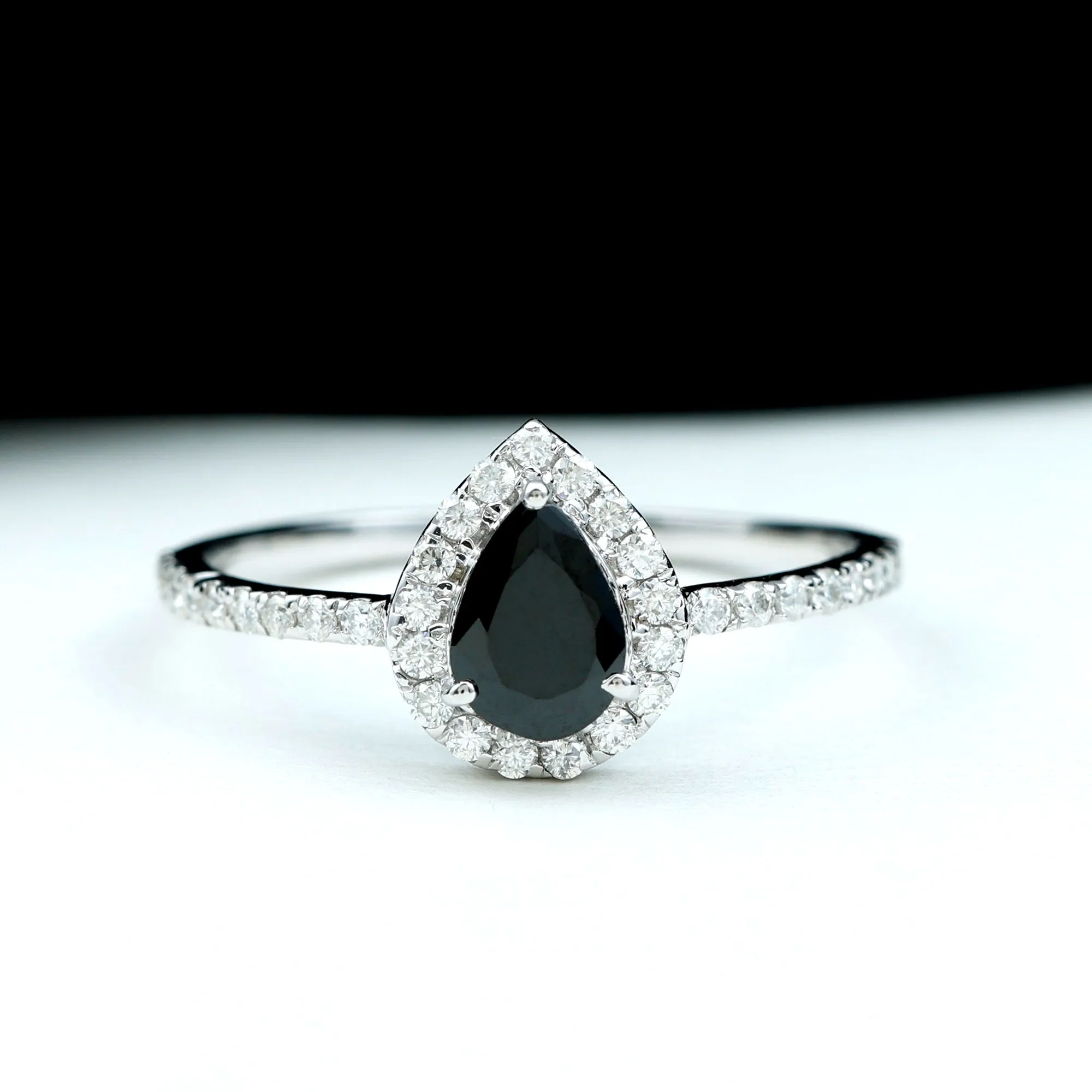 Genuine Black Onyx Teardrop Engagement Ring with Diamond