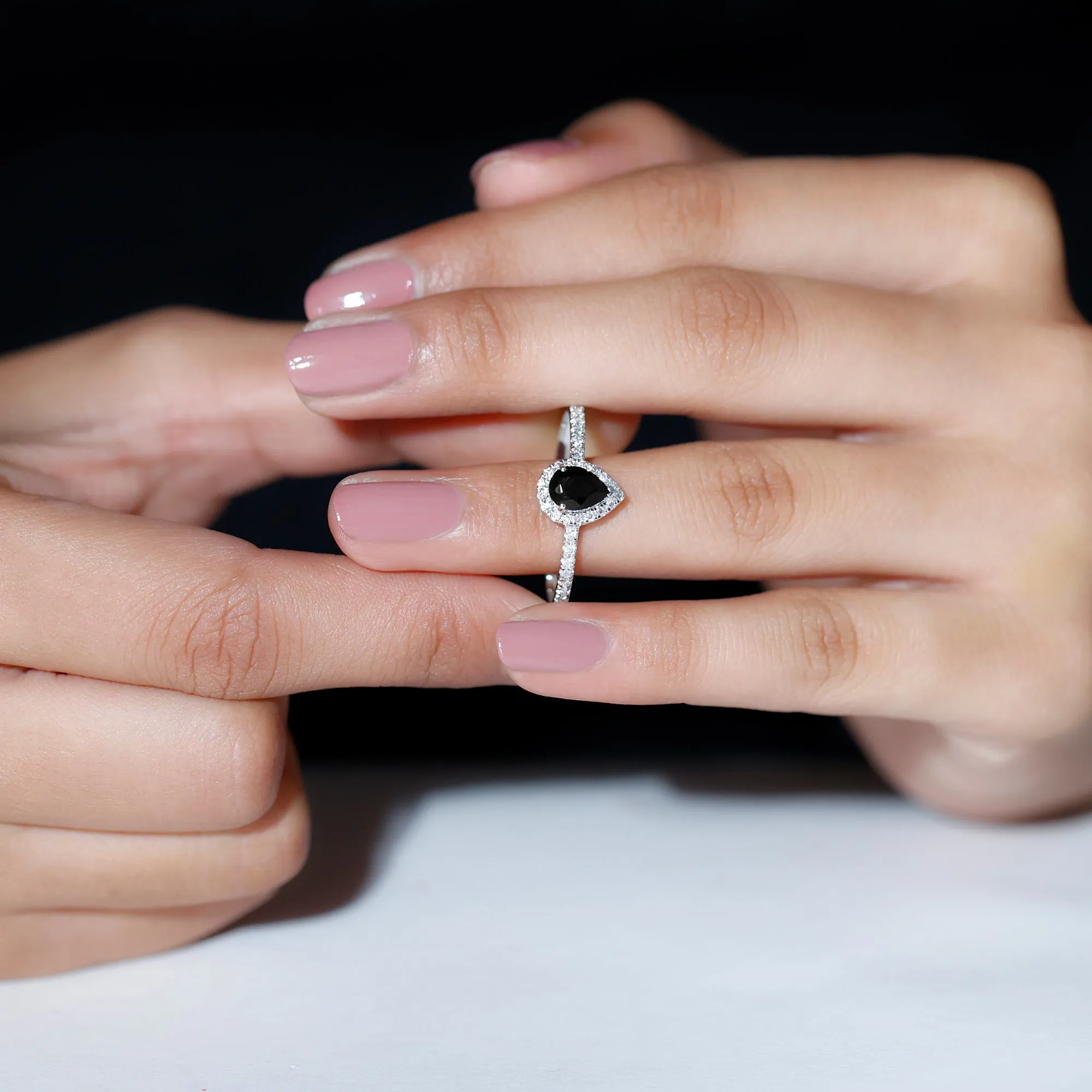 Genuine Black Onyx Teardrop Engagement Ring with Diamond