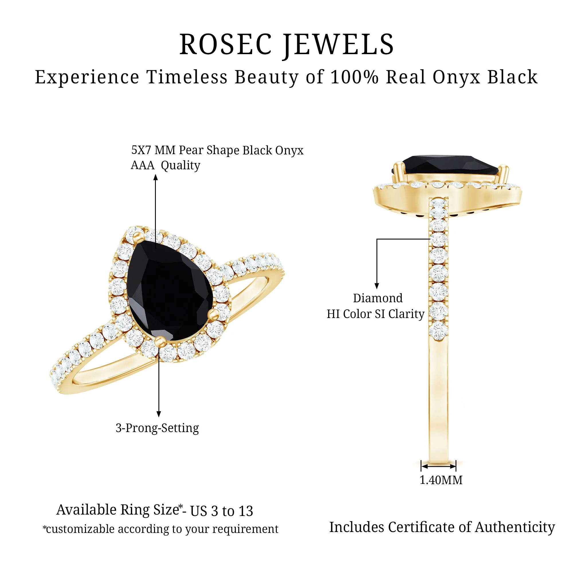 Genuine Black Onyx Teardrop Engagement Ring with Diamond