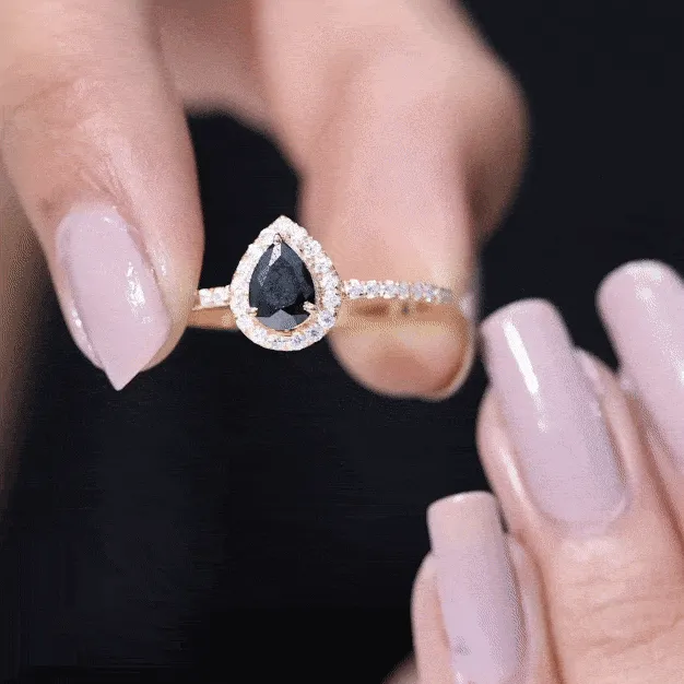 Genuine Black Onyx Teardrop Engagement Ring with Diamond