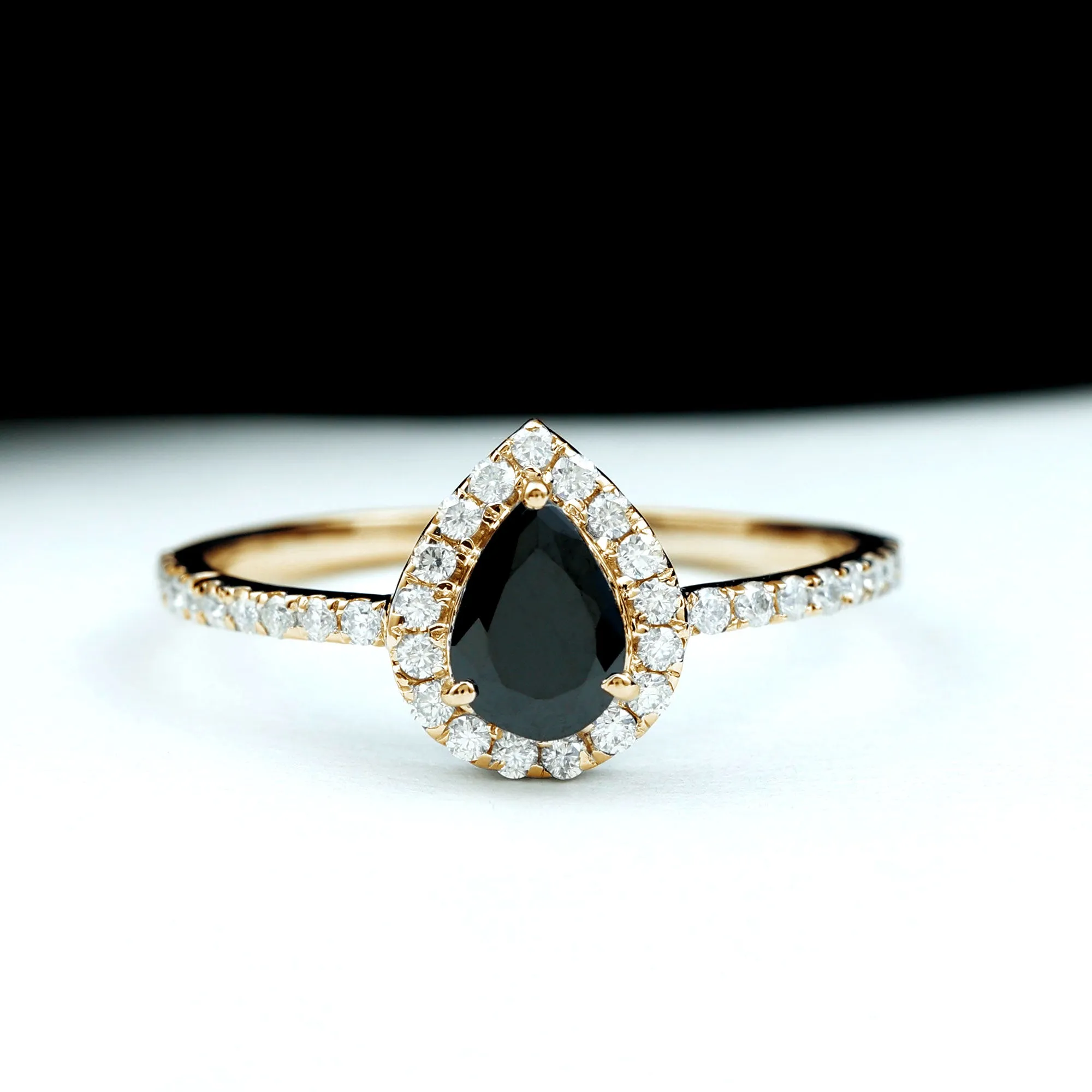 Genuine Black Onyx Teardrop Engagement Ring with Diamond