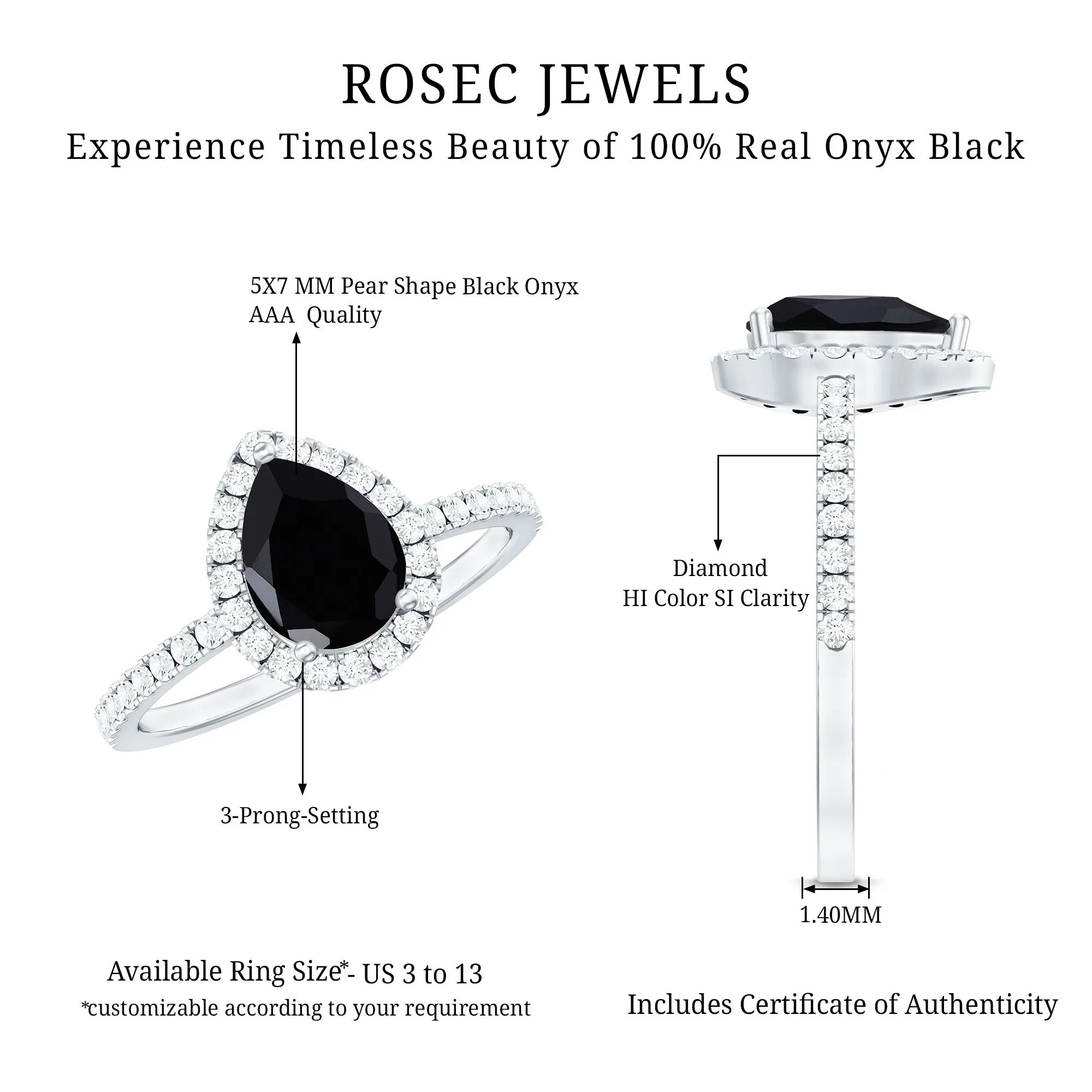 Genuine Black Onyx Teardrop Engagement Ring with Diamond