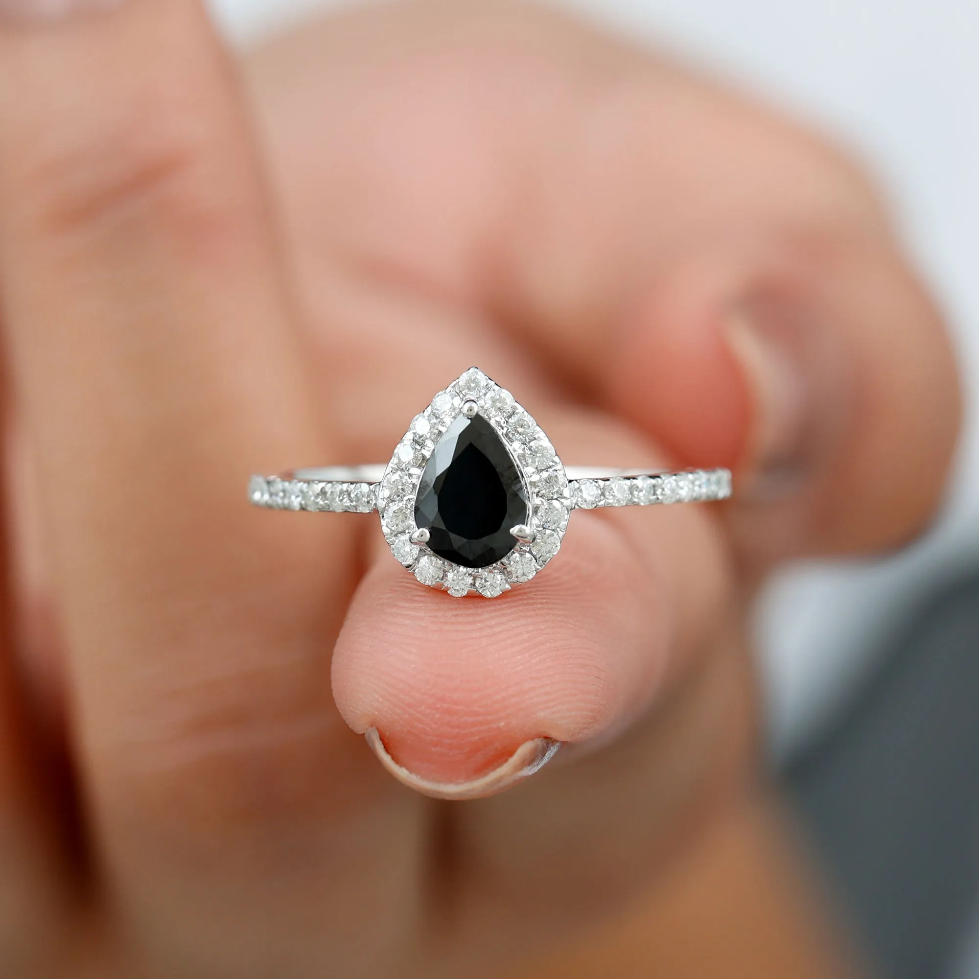 Genuine Black Onyx Teardrop Engagement Ring with Diamond