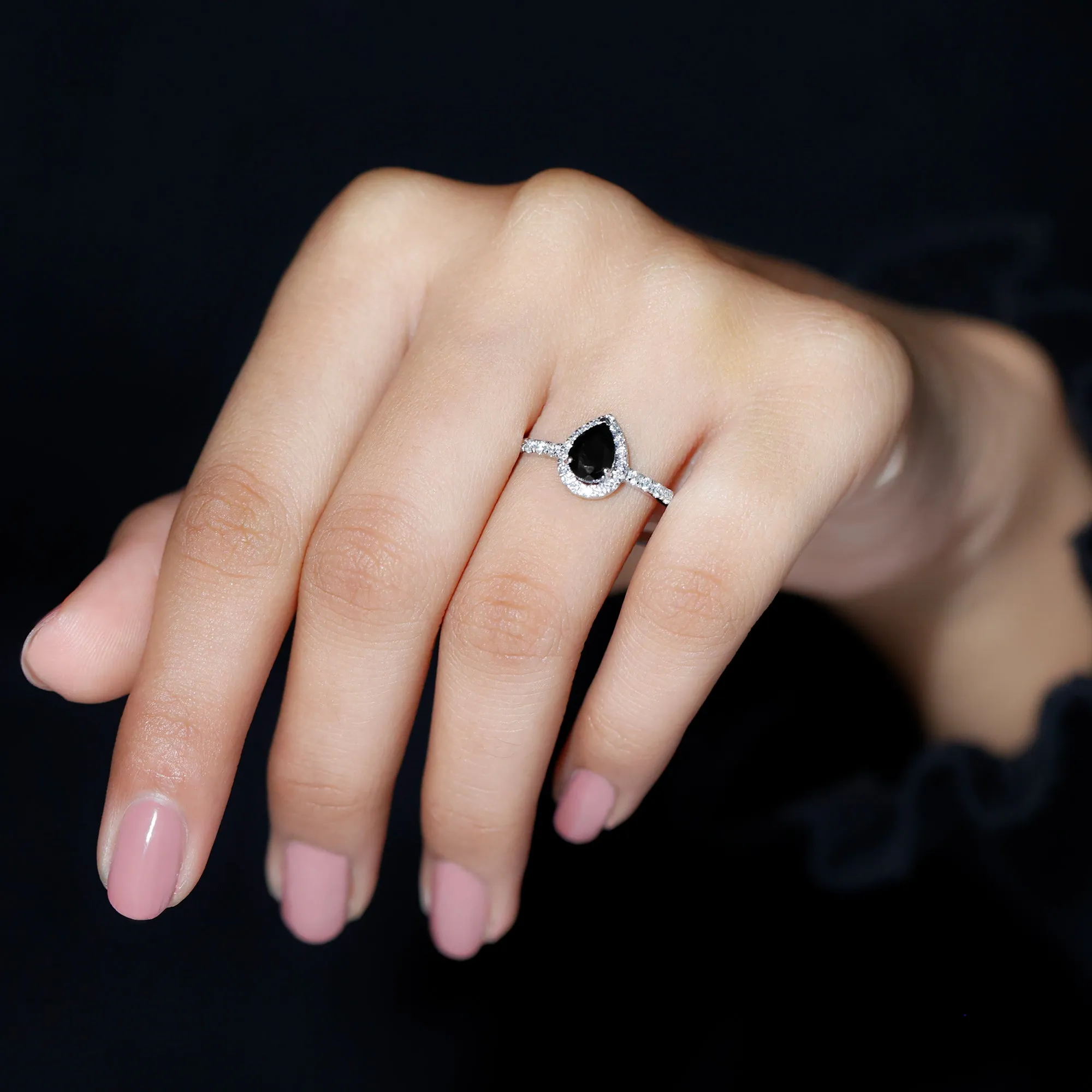 Genuine Black Onyx Teardrop Engagement Ring with Diamond