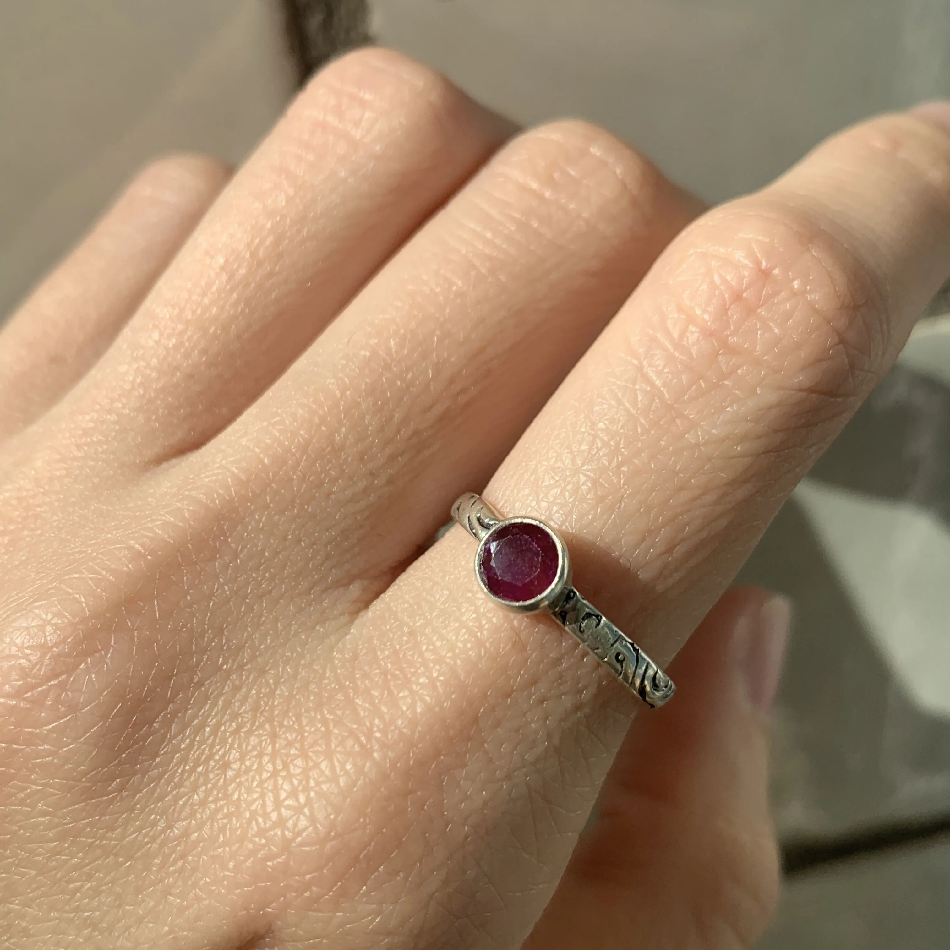 Genuine Ruby Ring - Red Bezel Ring - Engraved Tribal Ring