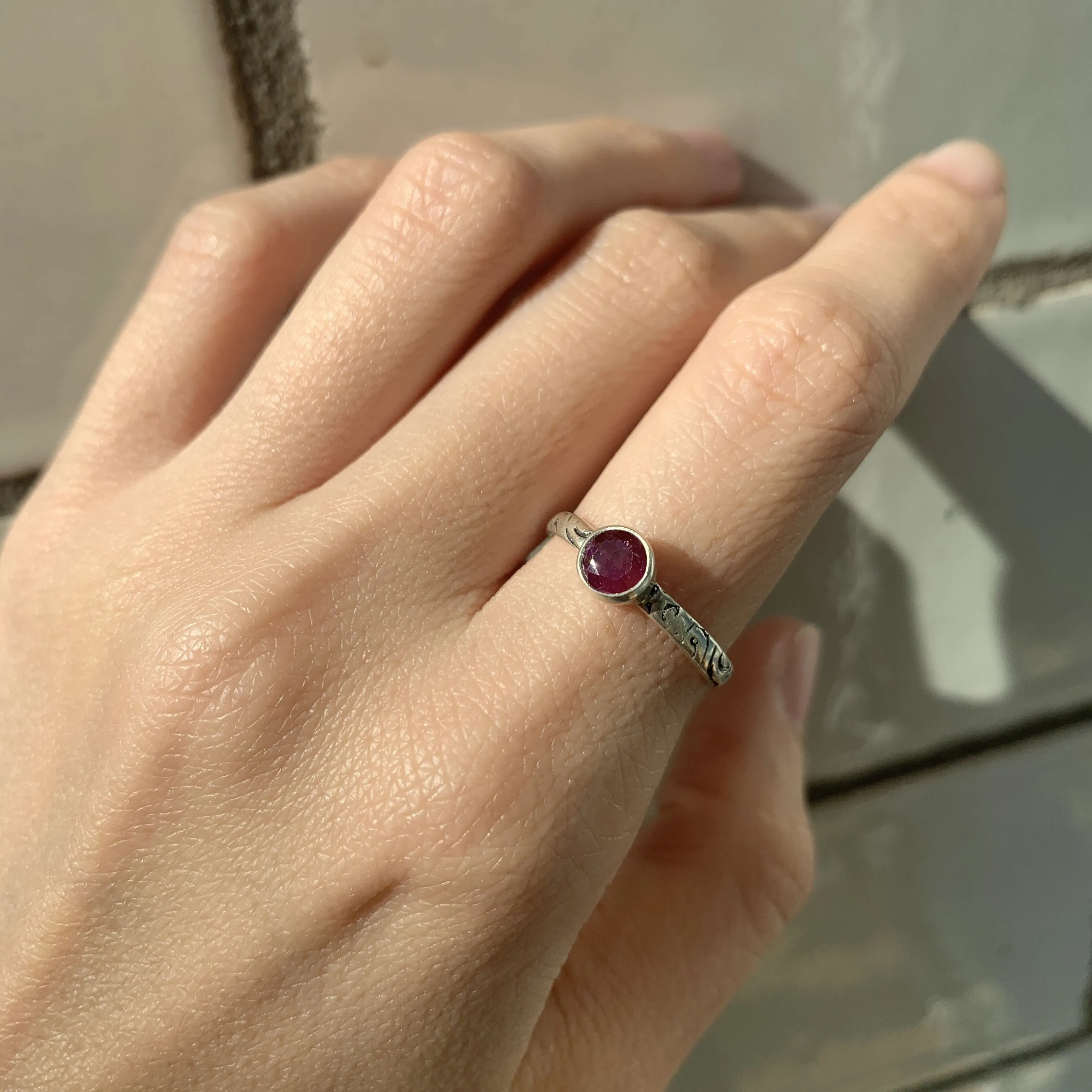 Genuine Ruby Ring - Red Bezel Ring - Engraved Tribal Ring