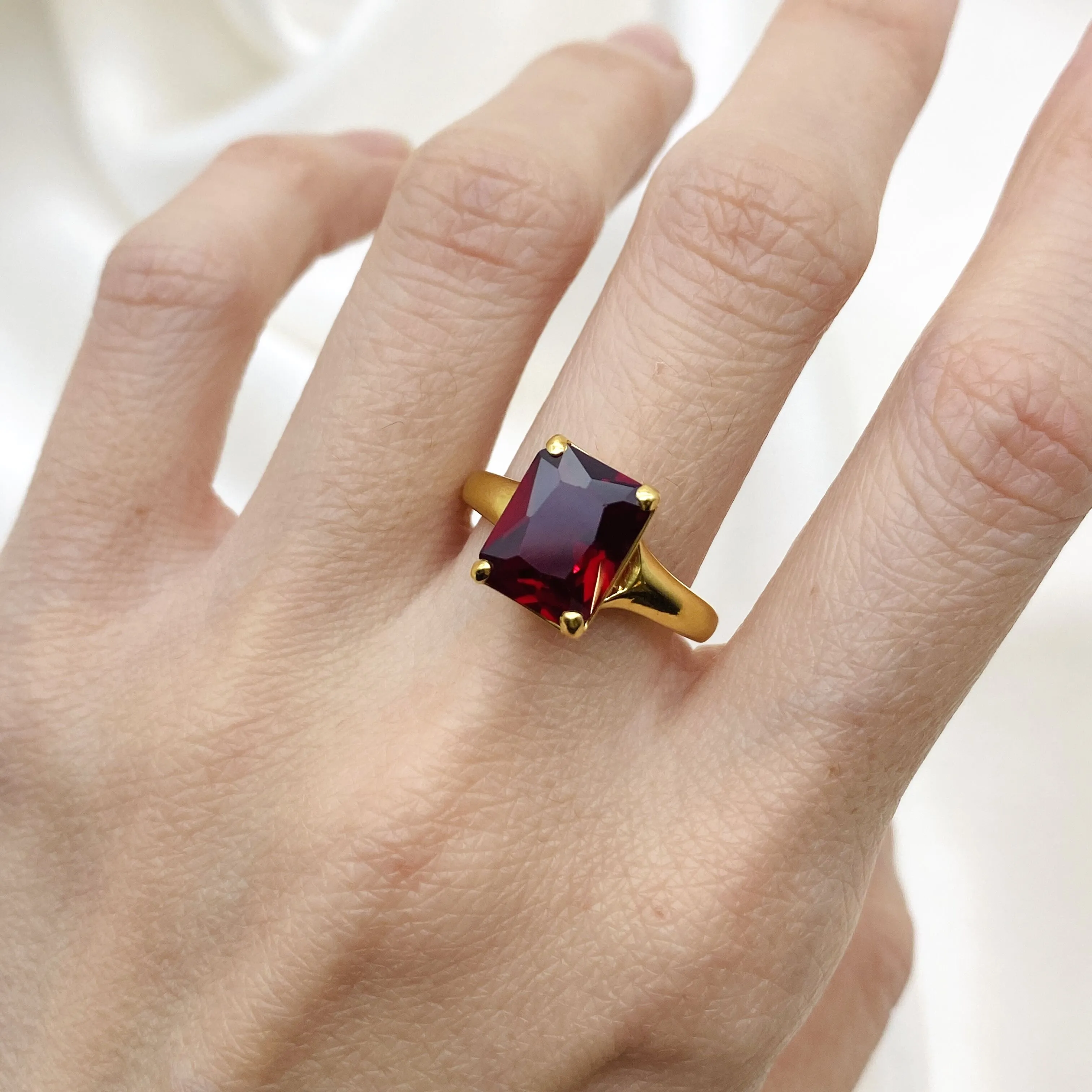 Gold Ruby Ring - Red Square Ring - Vintage Solitaire Ring
