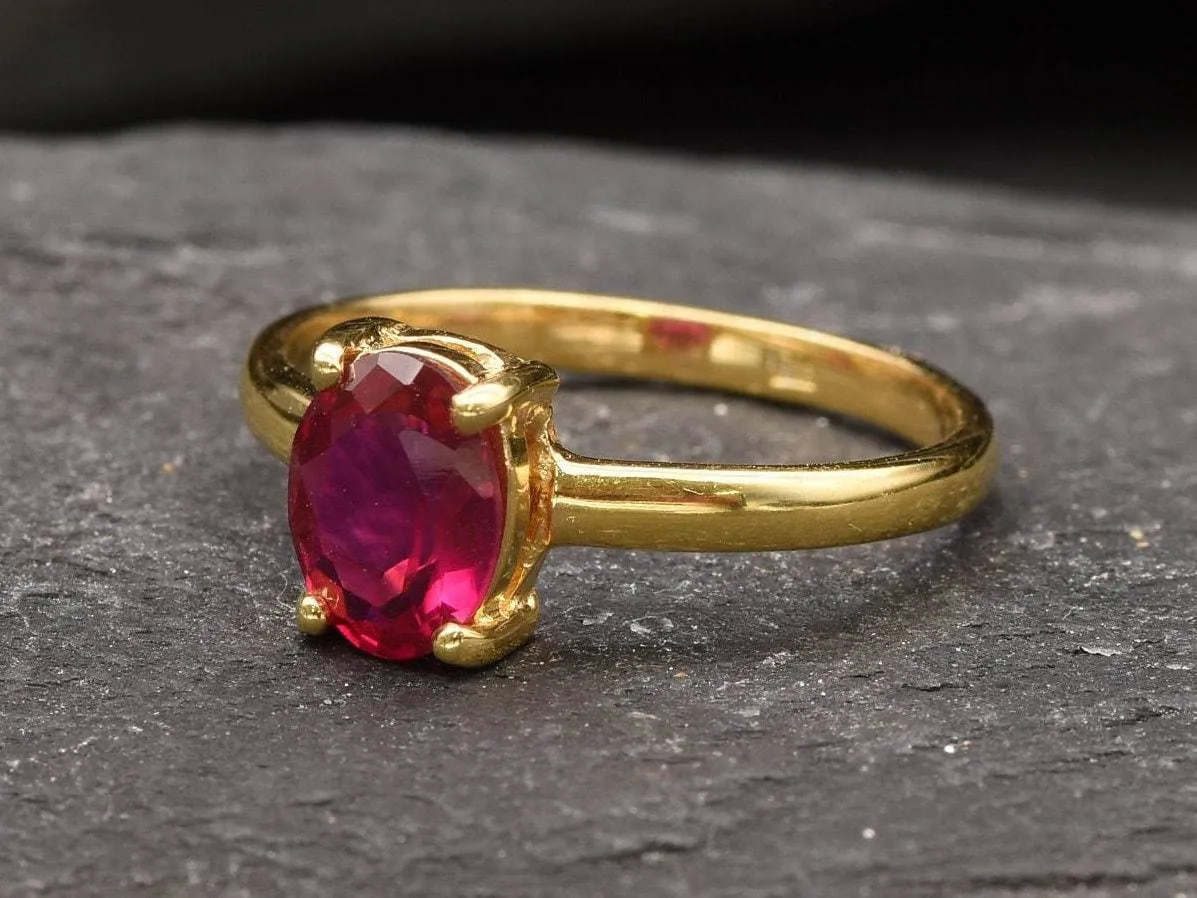 Gold Solitaire Ruby Ring - Oval Ruby Ring, July Birthstone Ring, Red Gemstone Ring
