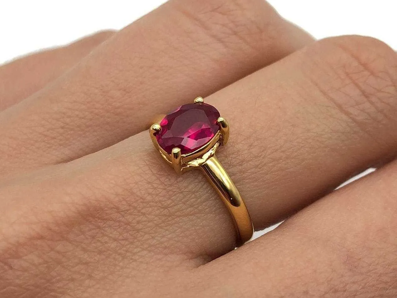 Gold Solitaire Ruby Ring - Oval Ruby Ring, July Birthstone Ring, Red Gemstone Ring