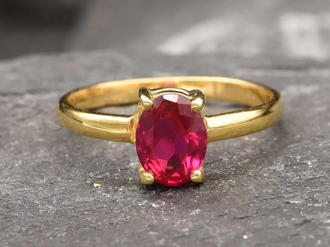 Gold Solitaire Ruby Ring - Oval Ruby Ring, July Birthstone Ring, Red Gemstone Ring