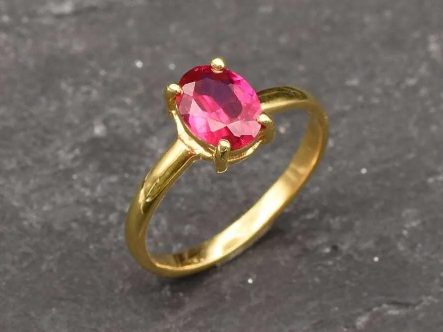 Gold Solitaire Ruby Ring - Oval Ruby Ring, July Birthstone Ring, Red Gemstone Ring