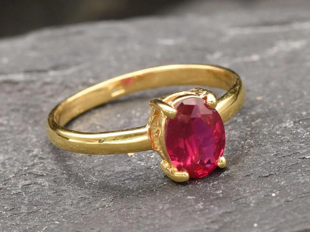 Gold Solitaire Ruby Ring - Oval Ruby Ring, July Birthstone Ring, Red Gemstone Ring