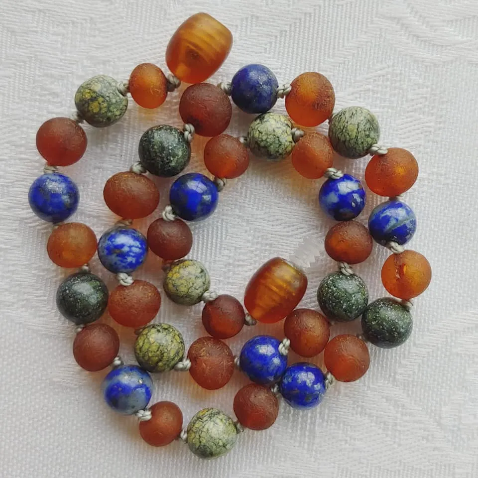 Green Lace Agate and Lapis Lazuli   Raw Cognac Baltic Amber Necklace