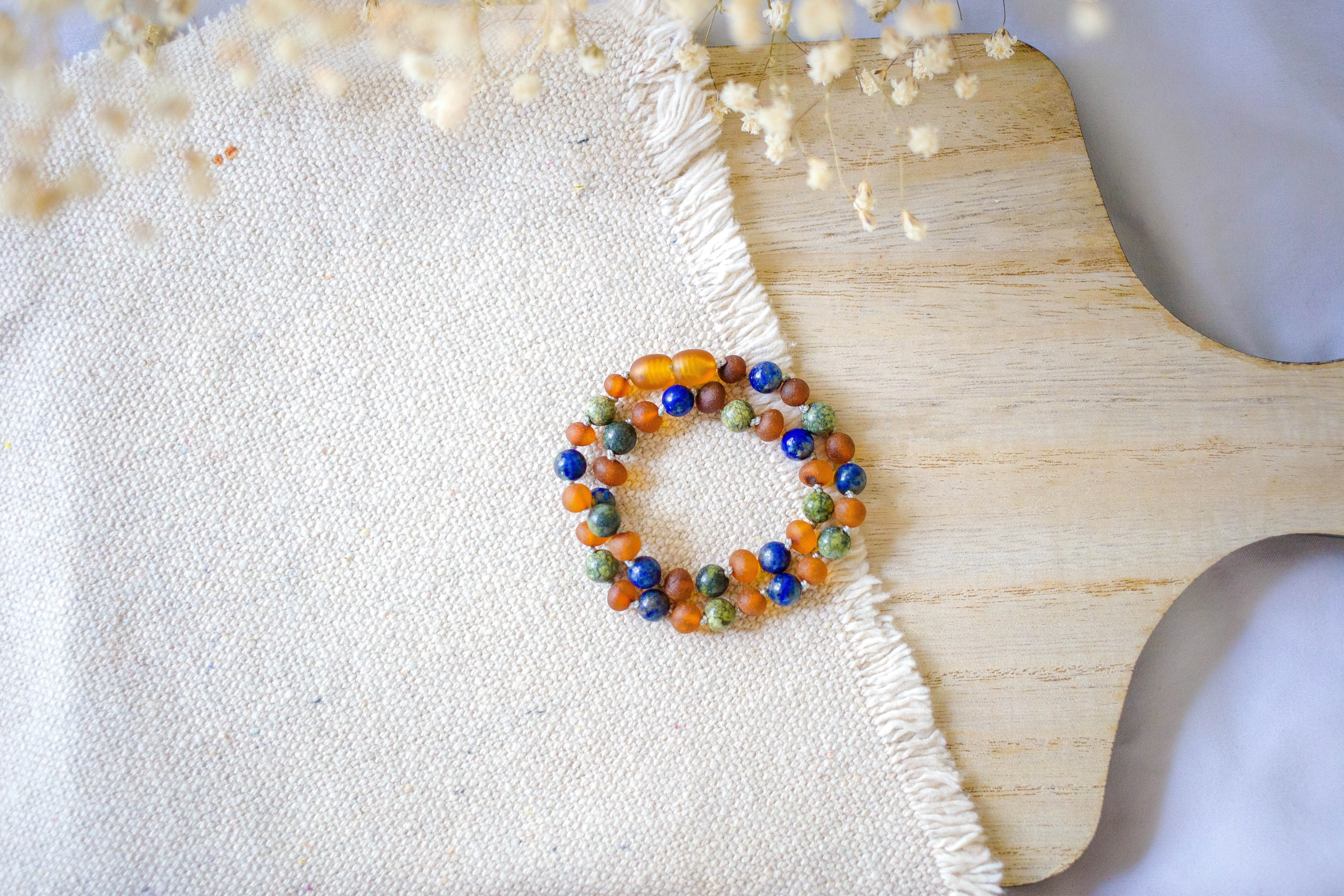 Green Lace Agate and Lapis Lazuli   Raw Cognac Baltic Amber Necklace